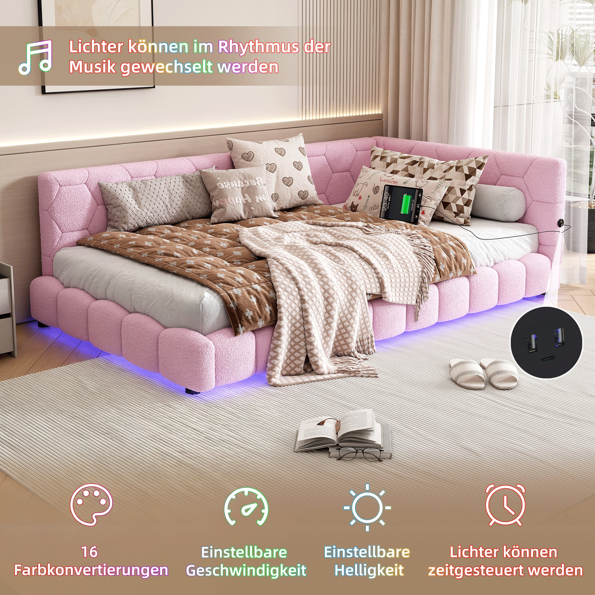 Daybed Sofa Bed 90x200cm with 16 Color LED Light USB/Type-C Faux Fleece Pink