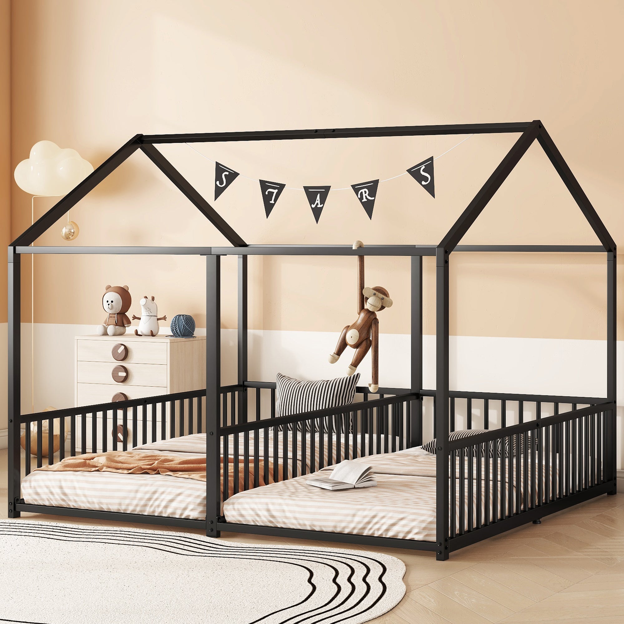 Metal Bed, Children's Bed 90x200cm House Design Double Bed, Black Iron Frame