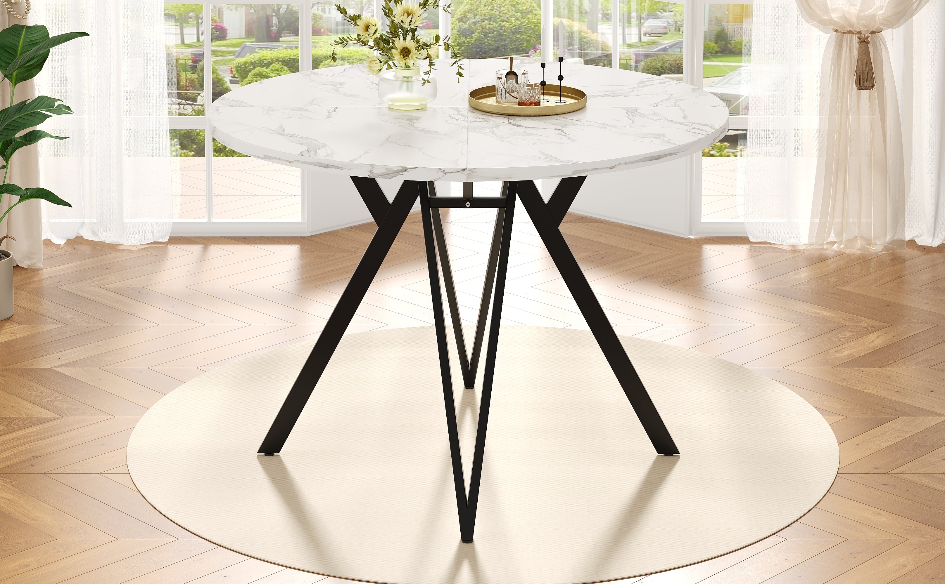 Dining Set 5-Piece Round 100cm Marble Top Black Metal Legs Grey Linen