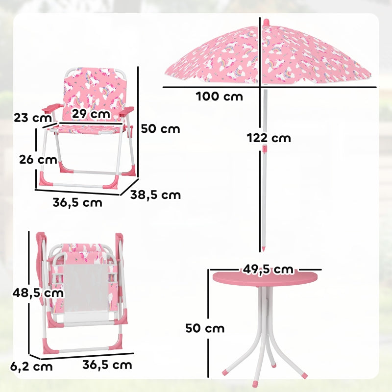 Children's Seating Set 4-Piece Table 2 Folding Chairs Removable Parasol Pink