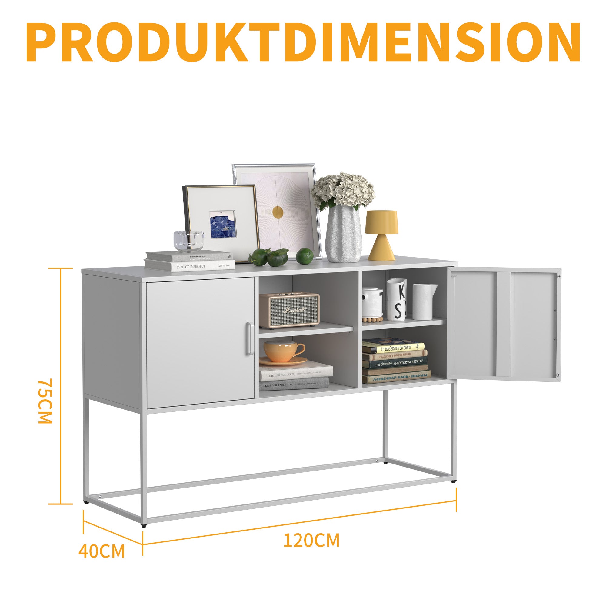 Accent Cabinet Sideboard Storage Buffet H 75 cm × W 120 cm × D 40 cm White Metal