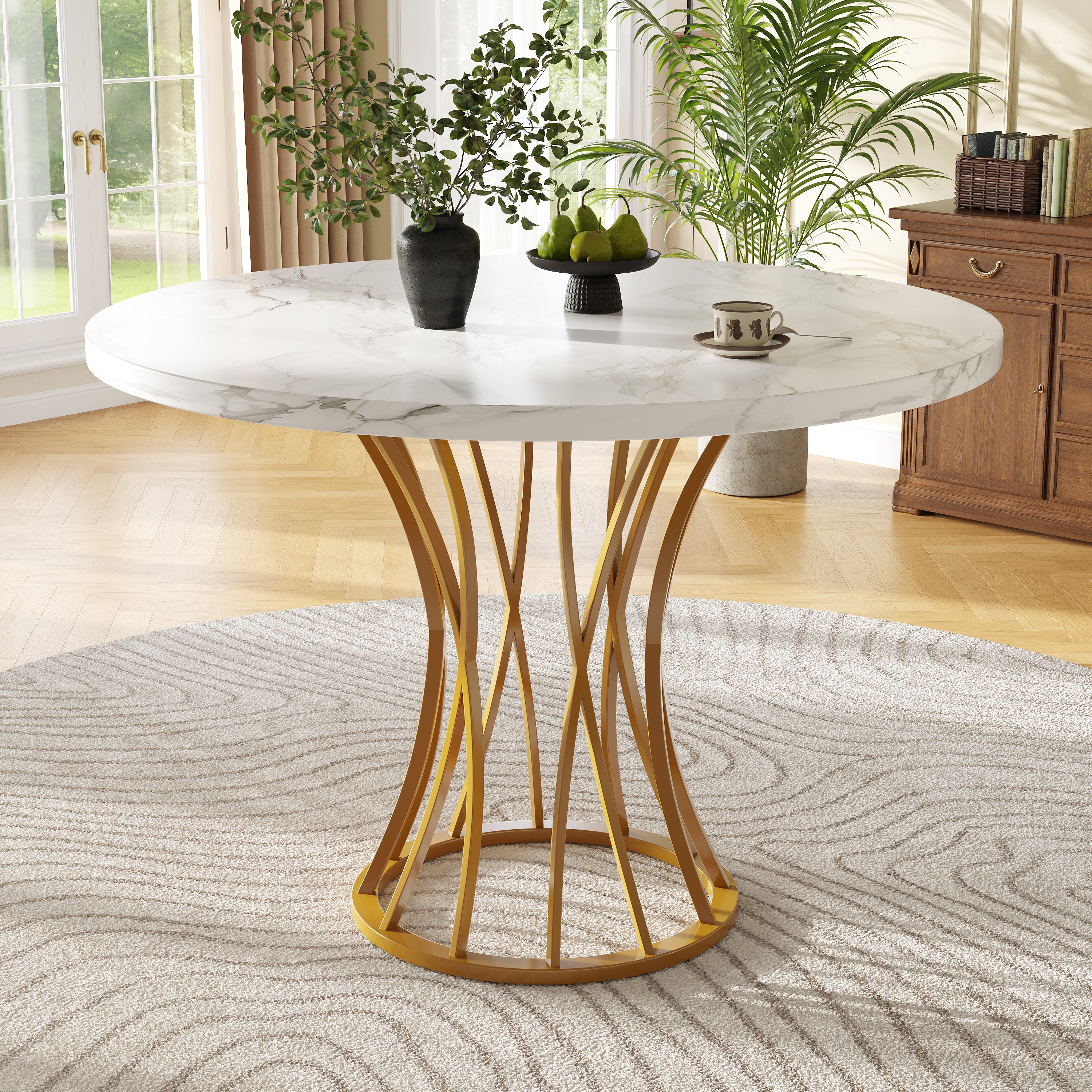 Round Dining Table, 80x80x76cm 4-6 Person MDF Marbled, Golden Legs