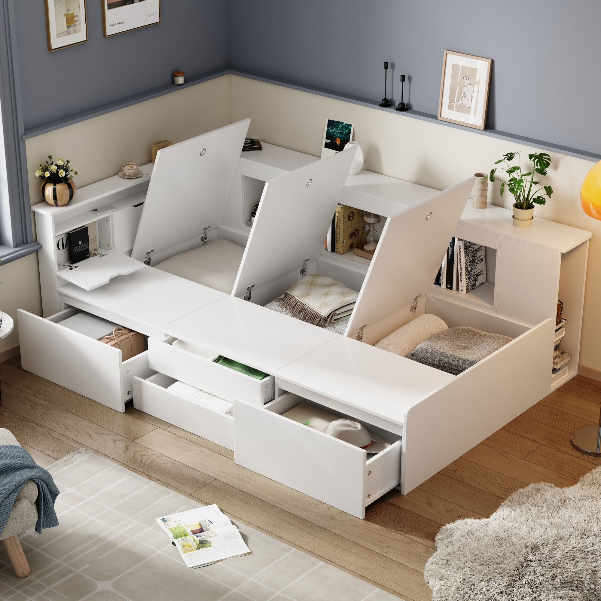 Children's Bed - Multifunctional Single Bed with Storage & Bookshelf - White