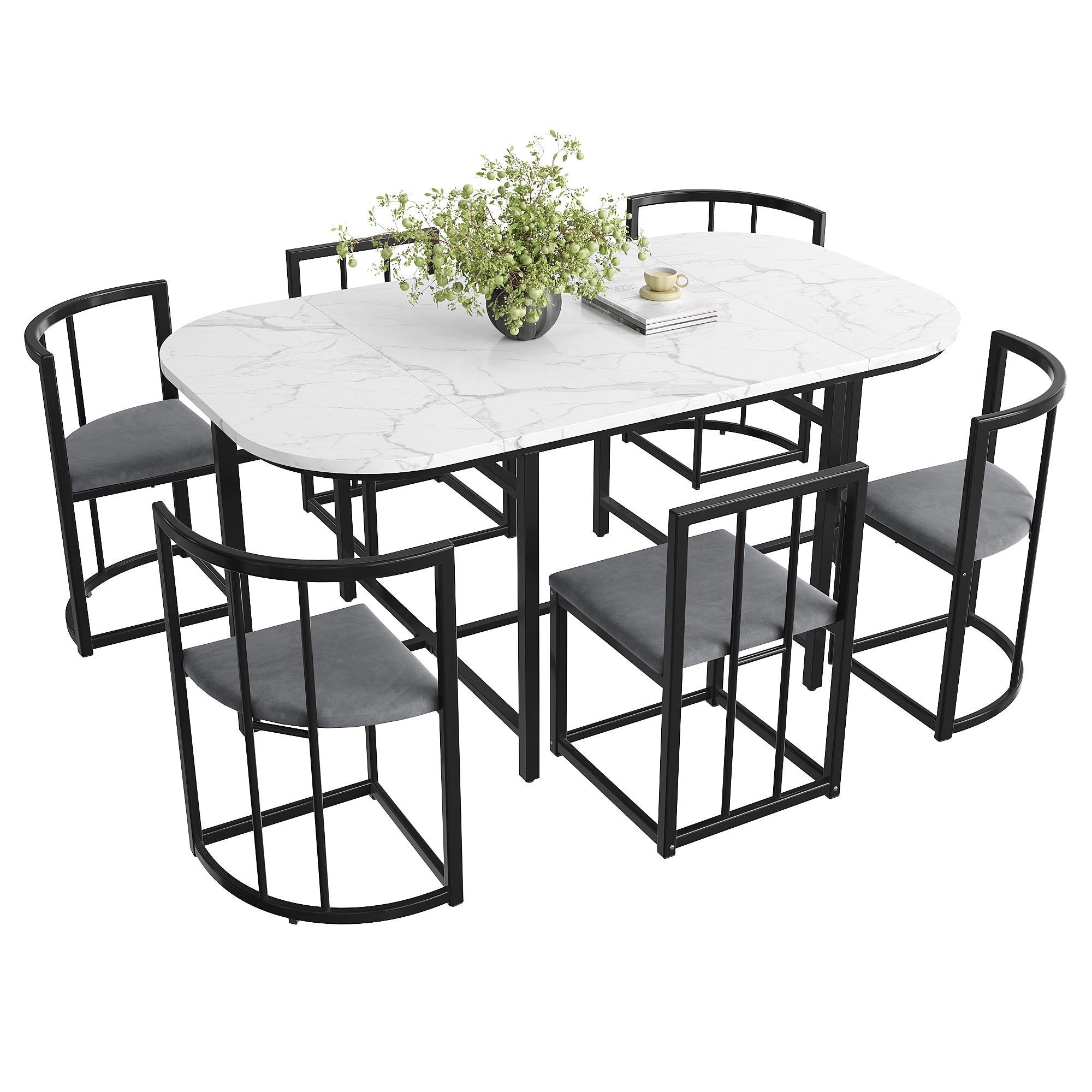 Dining Table Set, Six-Chair Modern Combination with Backrests, White/Grey/Black Iron