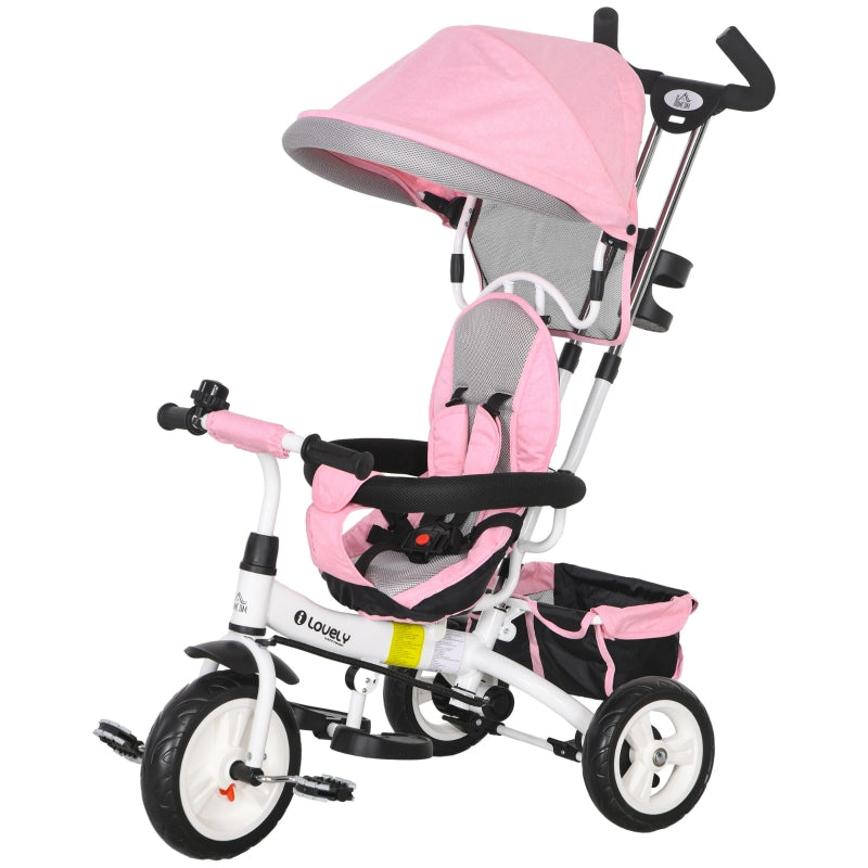 6-in-1 children's tricycle with push bar, canopy, belt, storage basket, for ages 1-5, pink