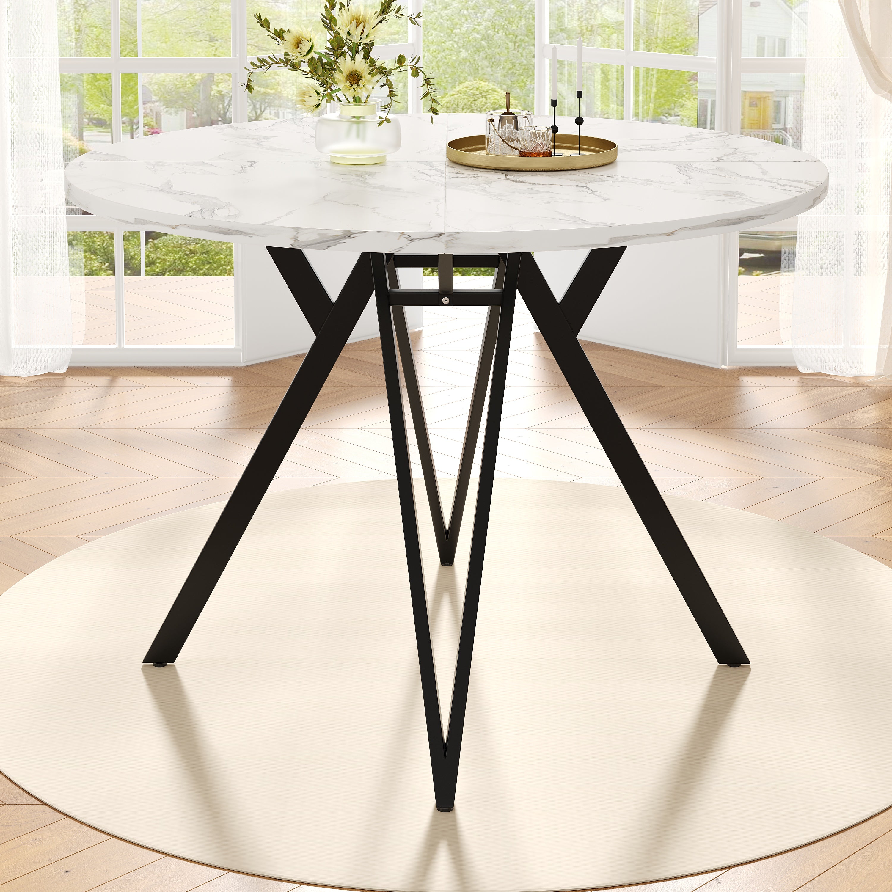 Dining Table Set, 5-Piece Round with 4 Chairs, Marble MDF & Gray Linen