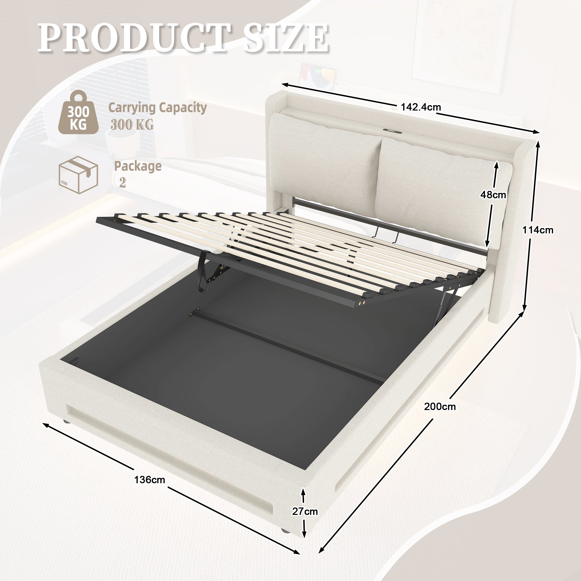 Modern Upholstered Bed with Storage, USB-C, LED, Hydraulic Lift, Velvet