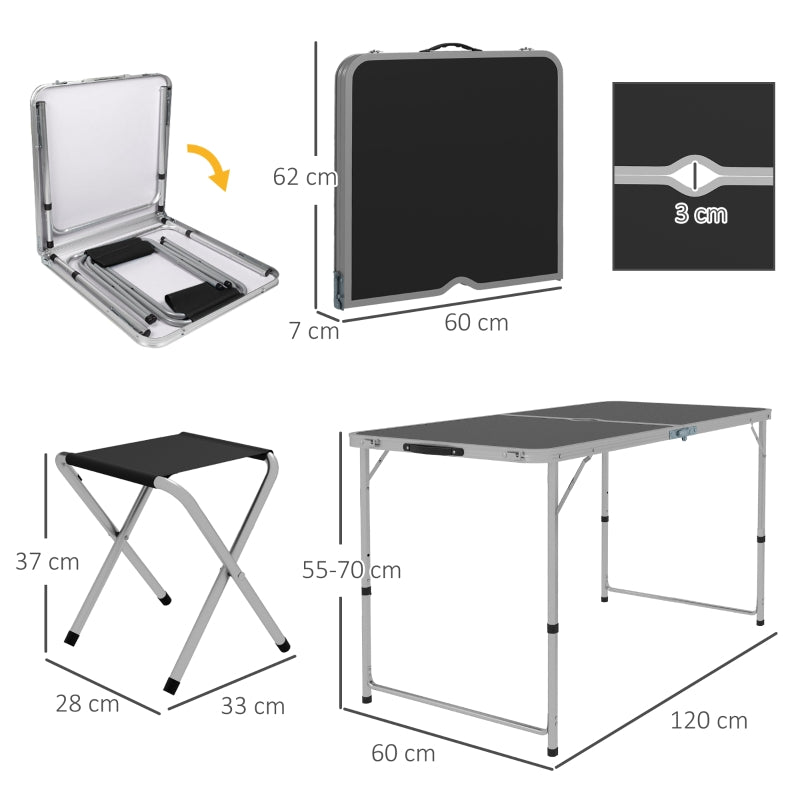 Four-Person Picnic Set Folding Table & 4 Seats 3cm Parasol Hole, Aluminium Black