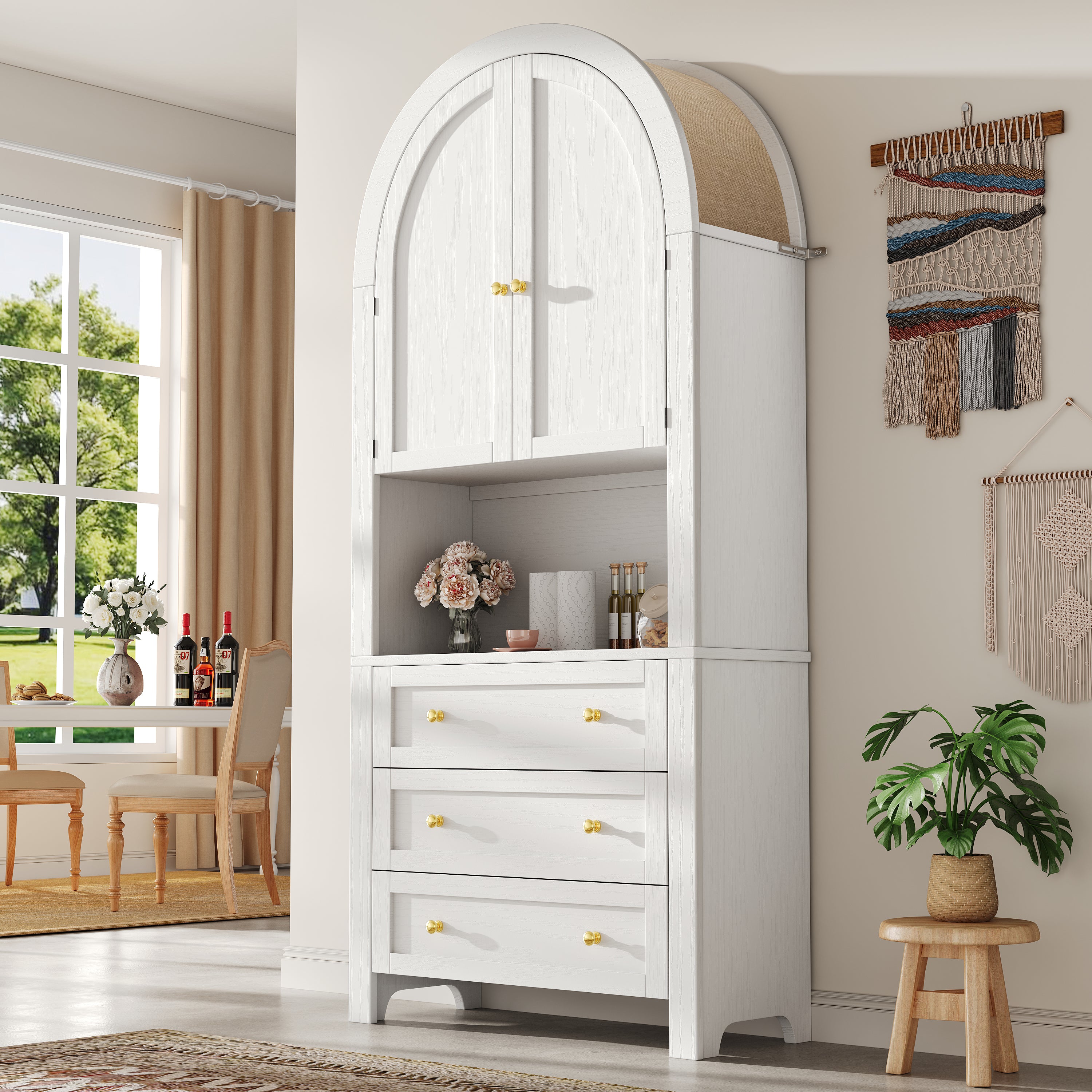 Tall Arched Storage Cabinet Drawers Doors Shelves - White