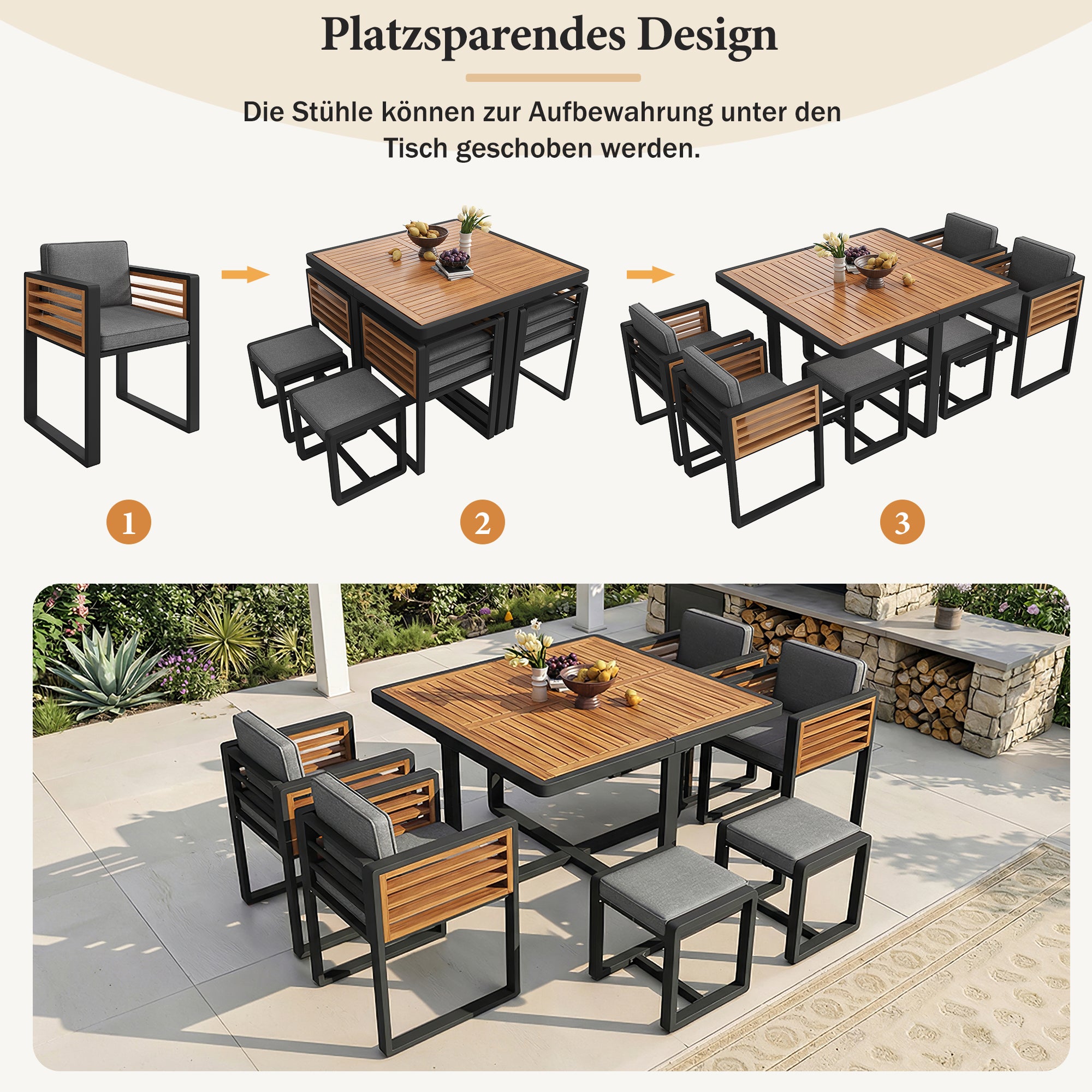 Garden Furniture Set, Lounge Seating Group with 6 Chairs and Table, Solid Wood Tabletop