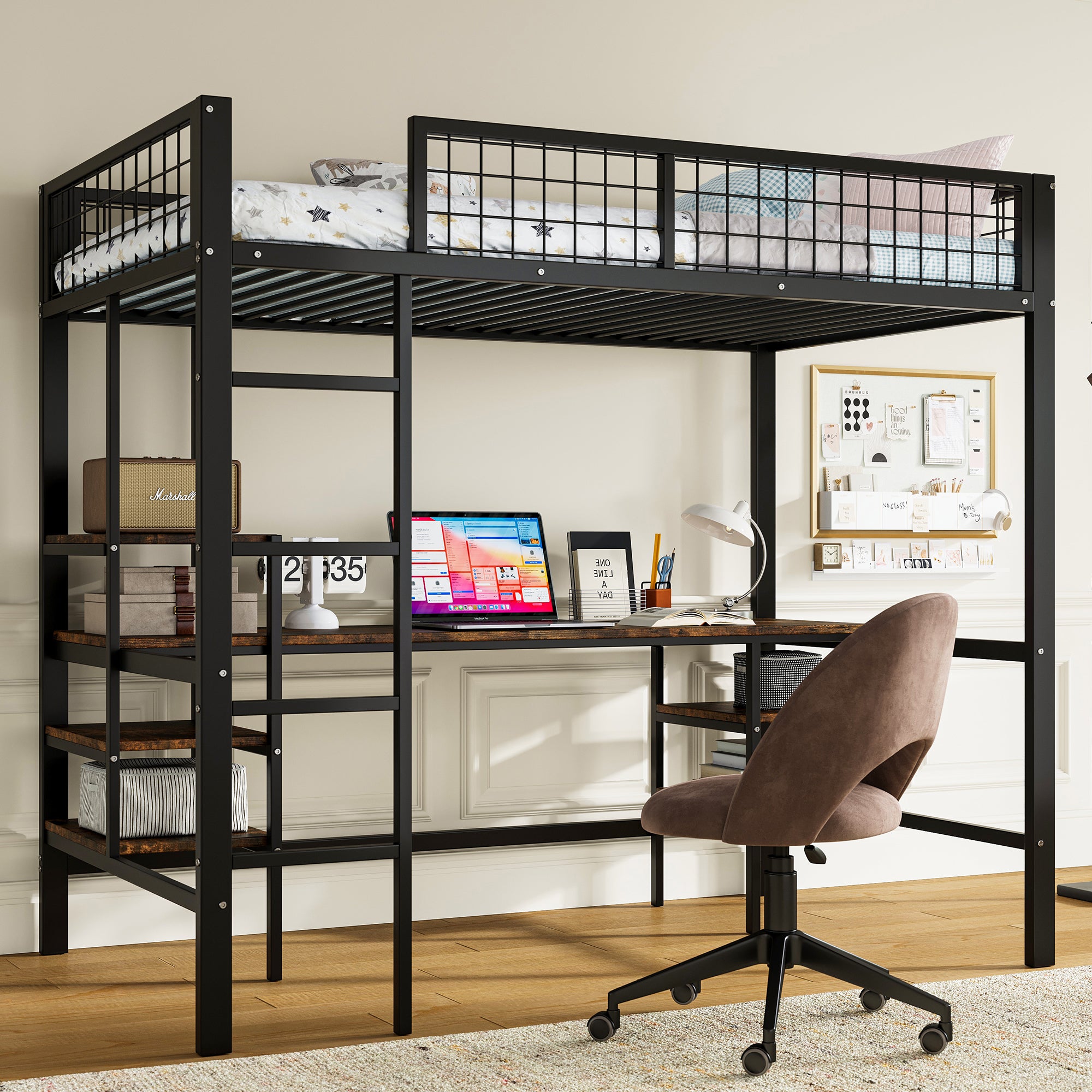 Iron Bunk Bed 90x200cm with Table Shelf Ladder for Children/Teens, Black/Dark Wood Color, Iron/Chipboard