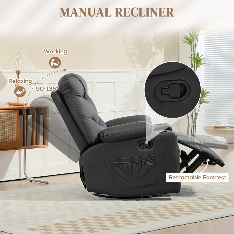 Manual Reclining Chair Swivel Armchair Footrest Cup Holders, Faux Leather Black