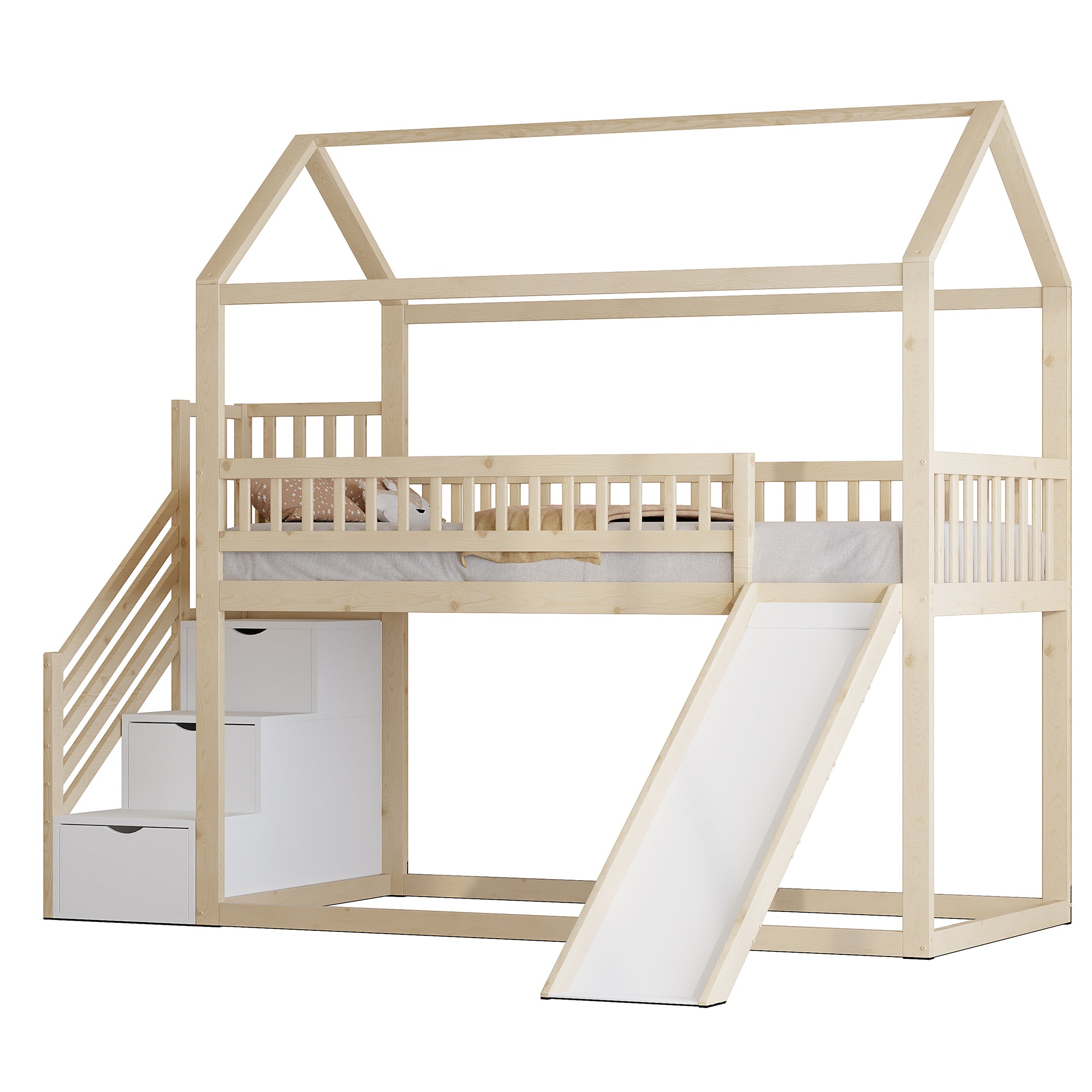 Children's Bunk Bed 90x200cm, Loft with Slide & Storage Ladder, Solid Wood