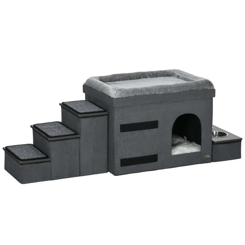 Cat House with 3 Pet Stairs & 2 Food Bowls, Grey