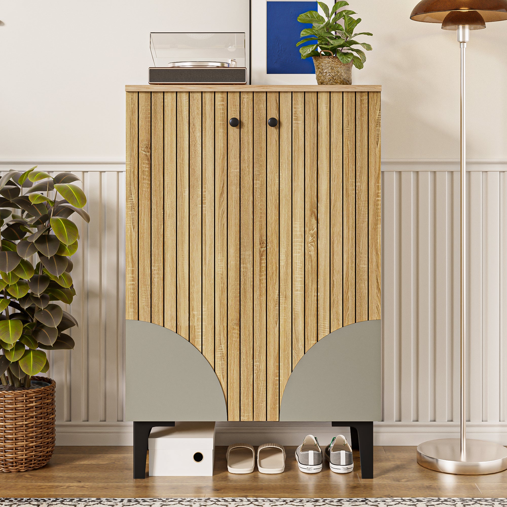 Wooden Shoe Cabinet - Space-Saving Organizer with Shelves & Storage - Black Metal Frame