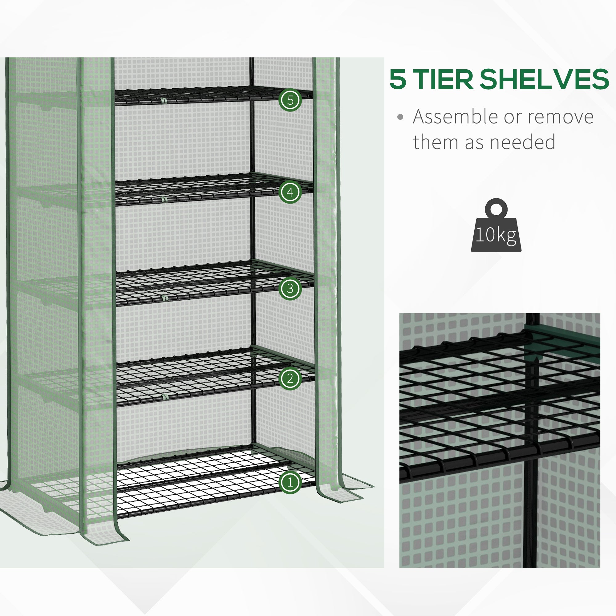 5 Tier Widened Mini Greenhouse, Reinforced PE Cover Roll-up Door Wire Shelves, Green