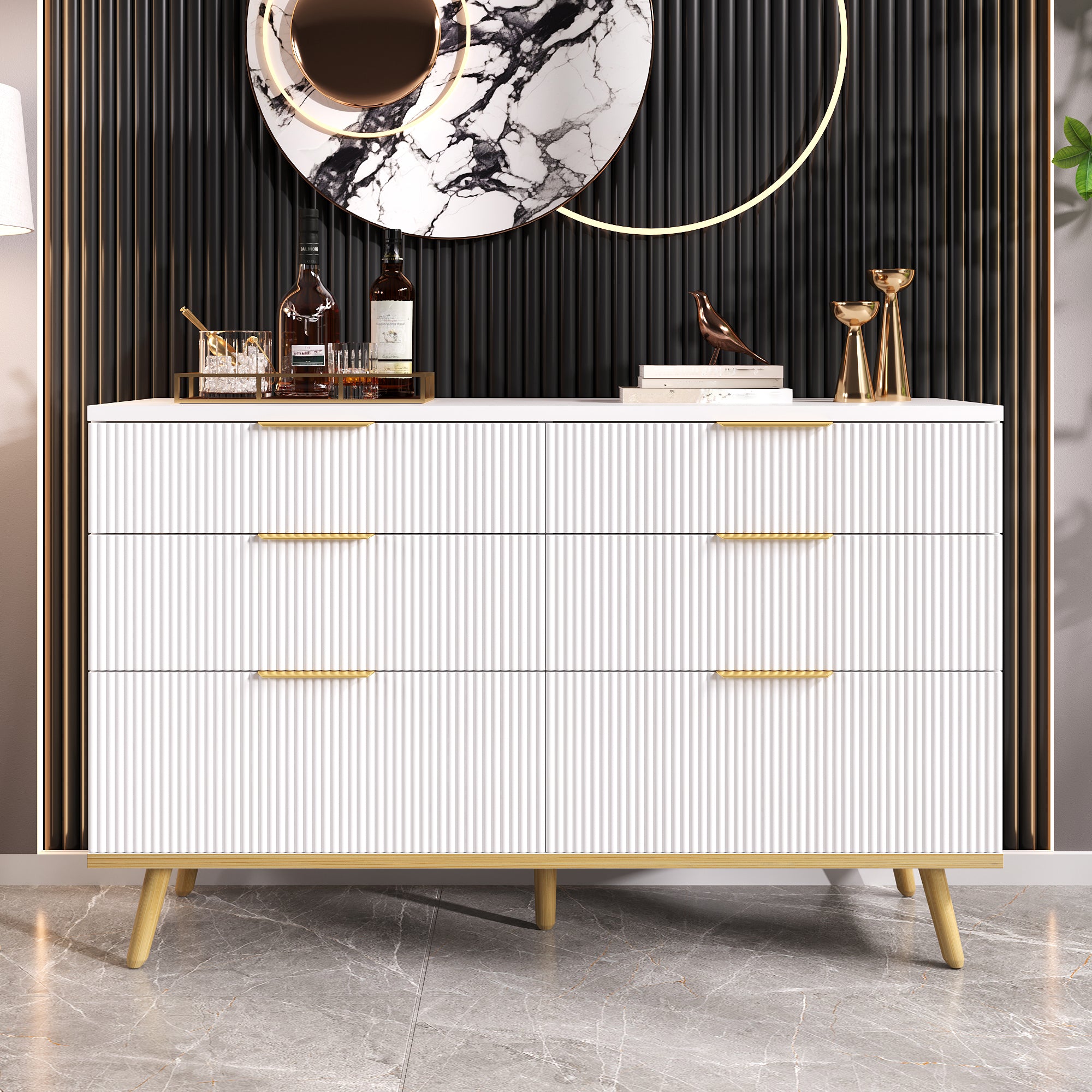 Modern 6-Drawer Chest of Drawers with Wood-Look Feet, White Particleboard