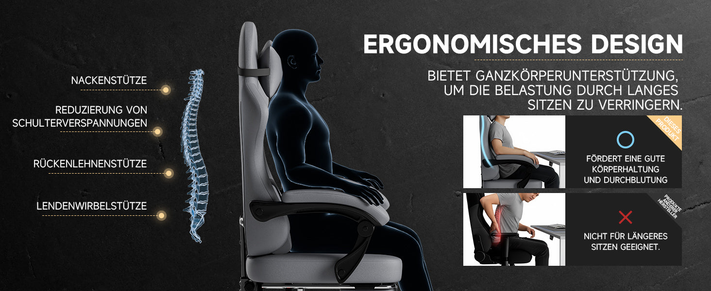 Gaming Chair Ergonomic Massage Footrest 150kg, Grey PVC Leather