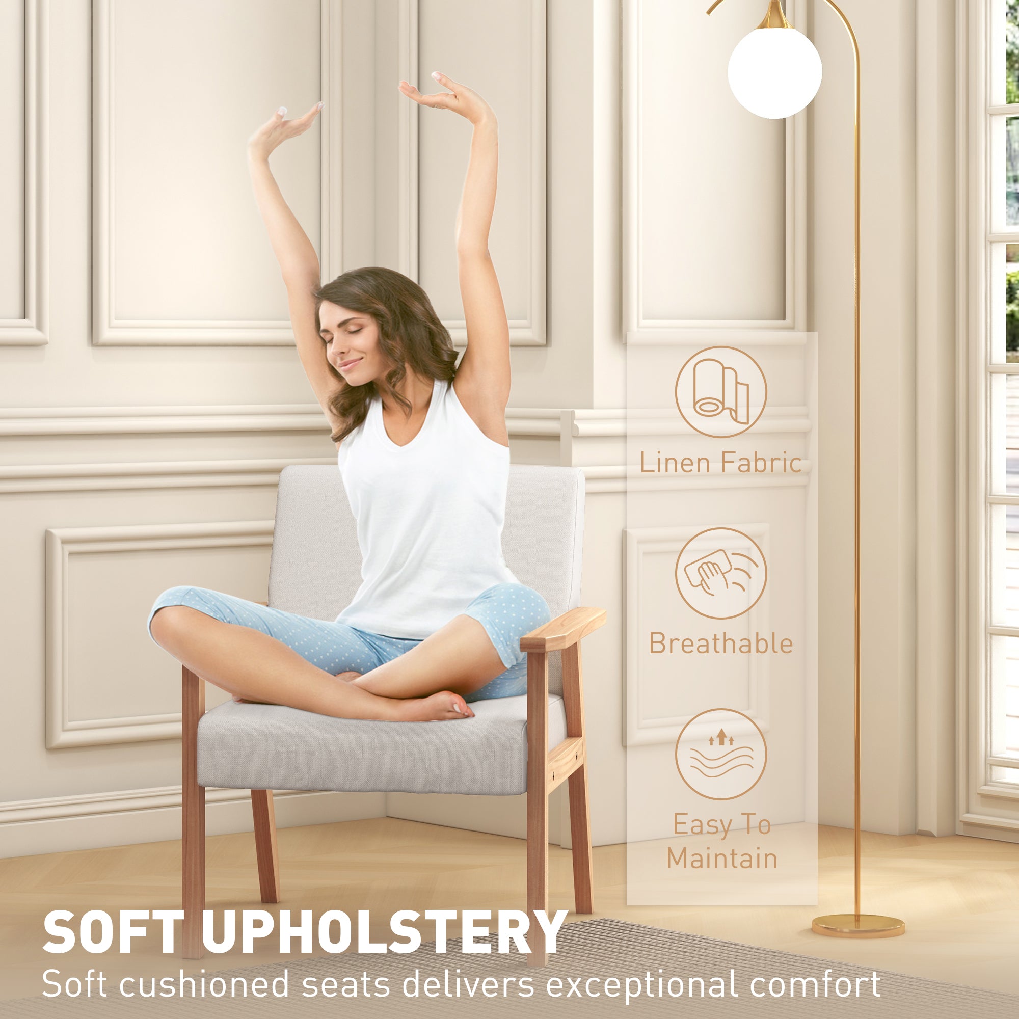 Accent Chair Wide Seat Armchair with Thick Cushions, Wood Frame, Cream White Linen