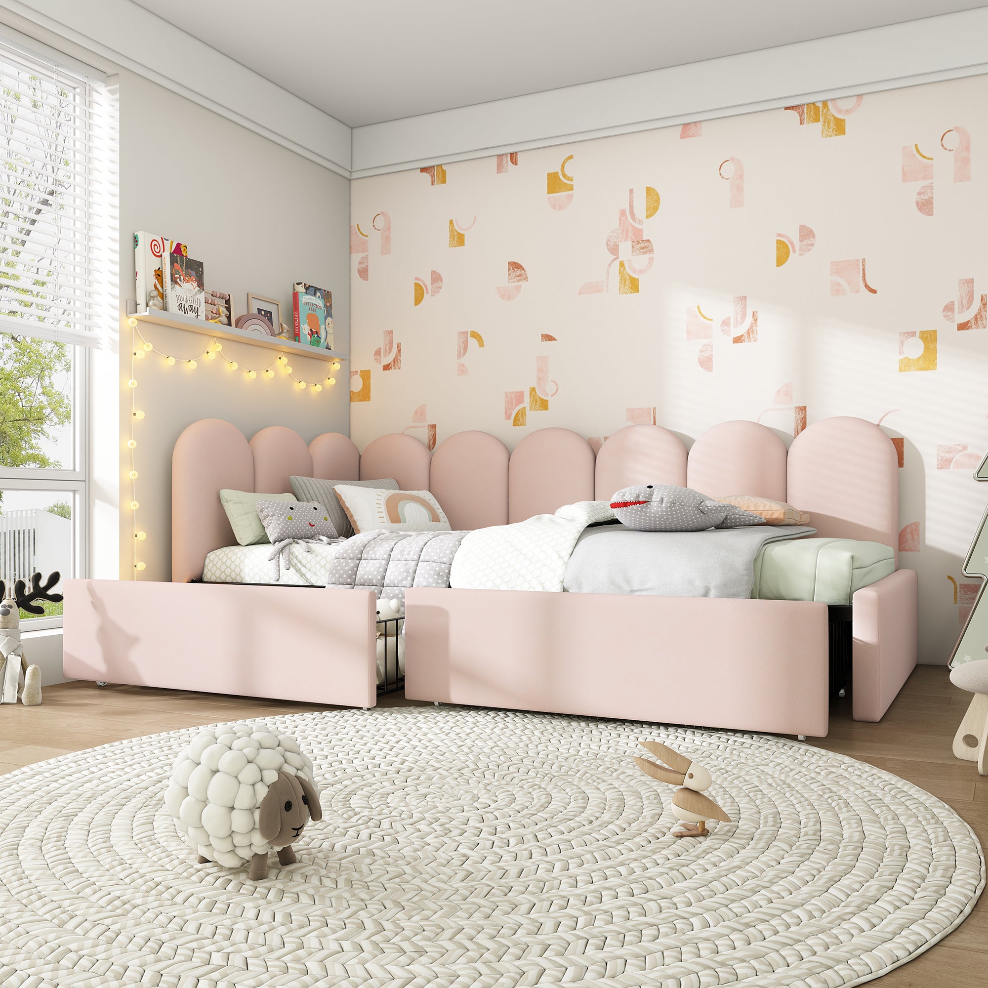 Upholstered Bed, Single with Drawers & Slatted Frame, Velvet Pink