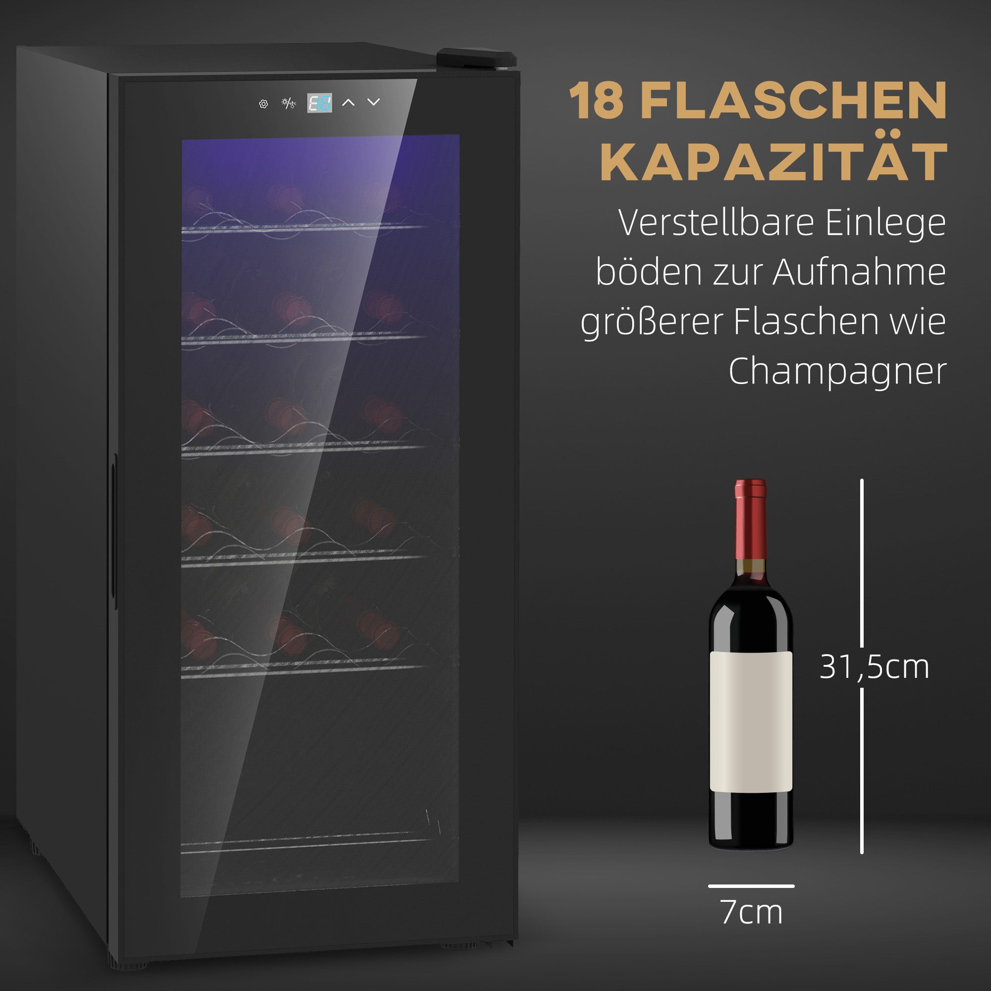 Wine Cooler, 18 Bottles, 50L, Glass Door, Stainless Steel