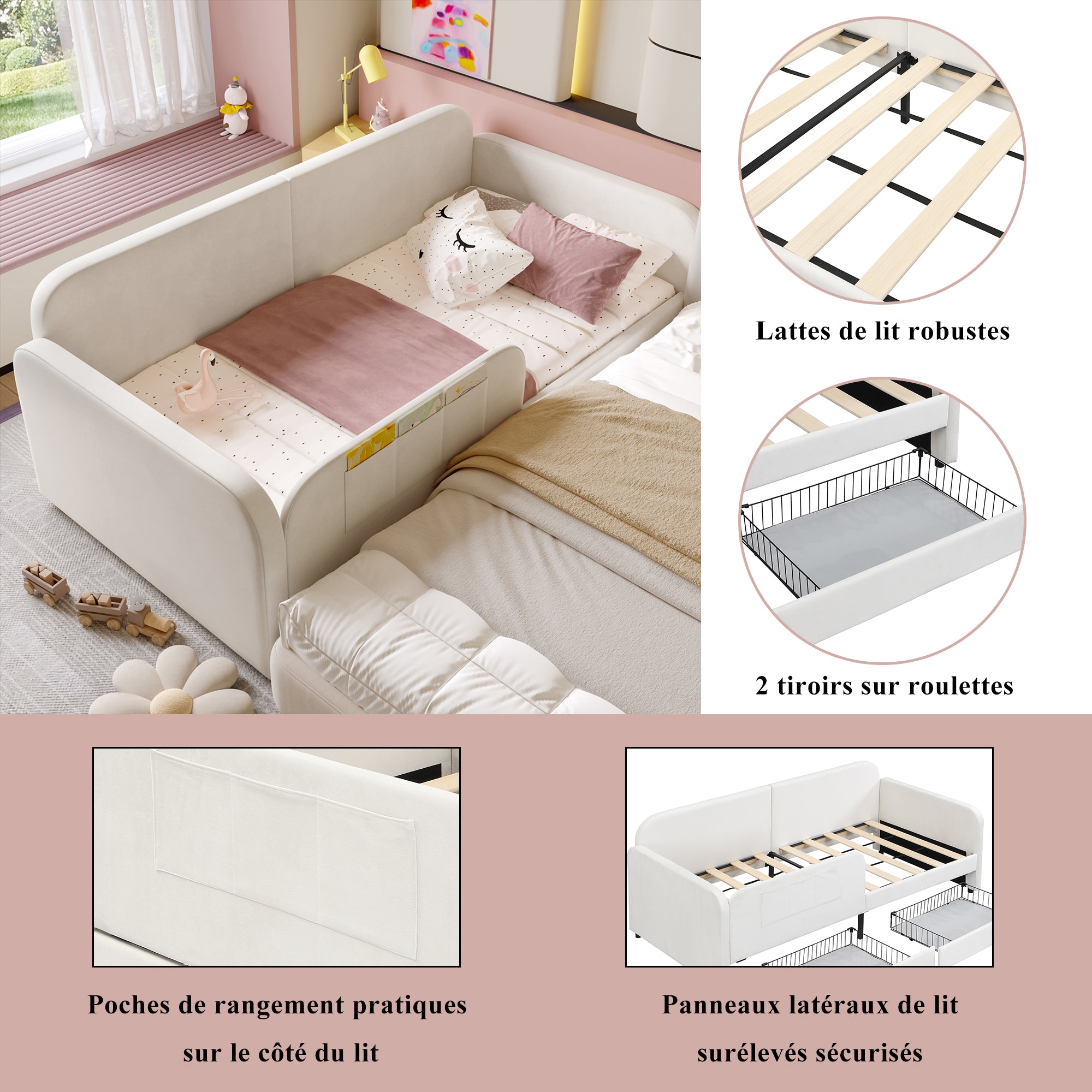 Children's Spliced Bed Upholstered Daybed Sofa Storage Drawers 90x200cm, White Velvet
