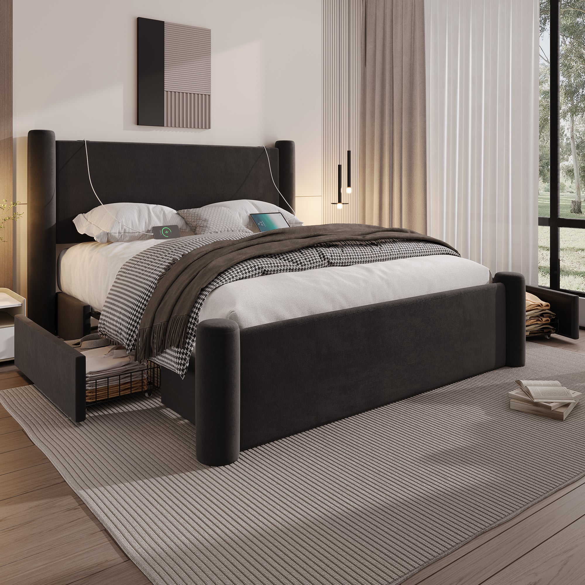Bed Frame, 160x200cm, 3D Column, Padded Headboard, 2 Storage Drawers, USB, Black