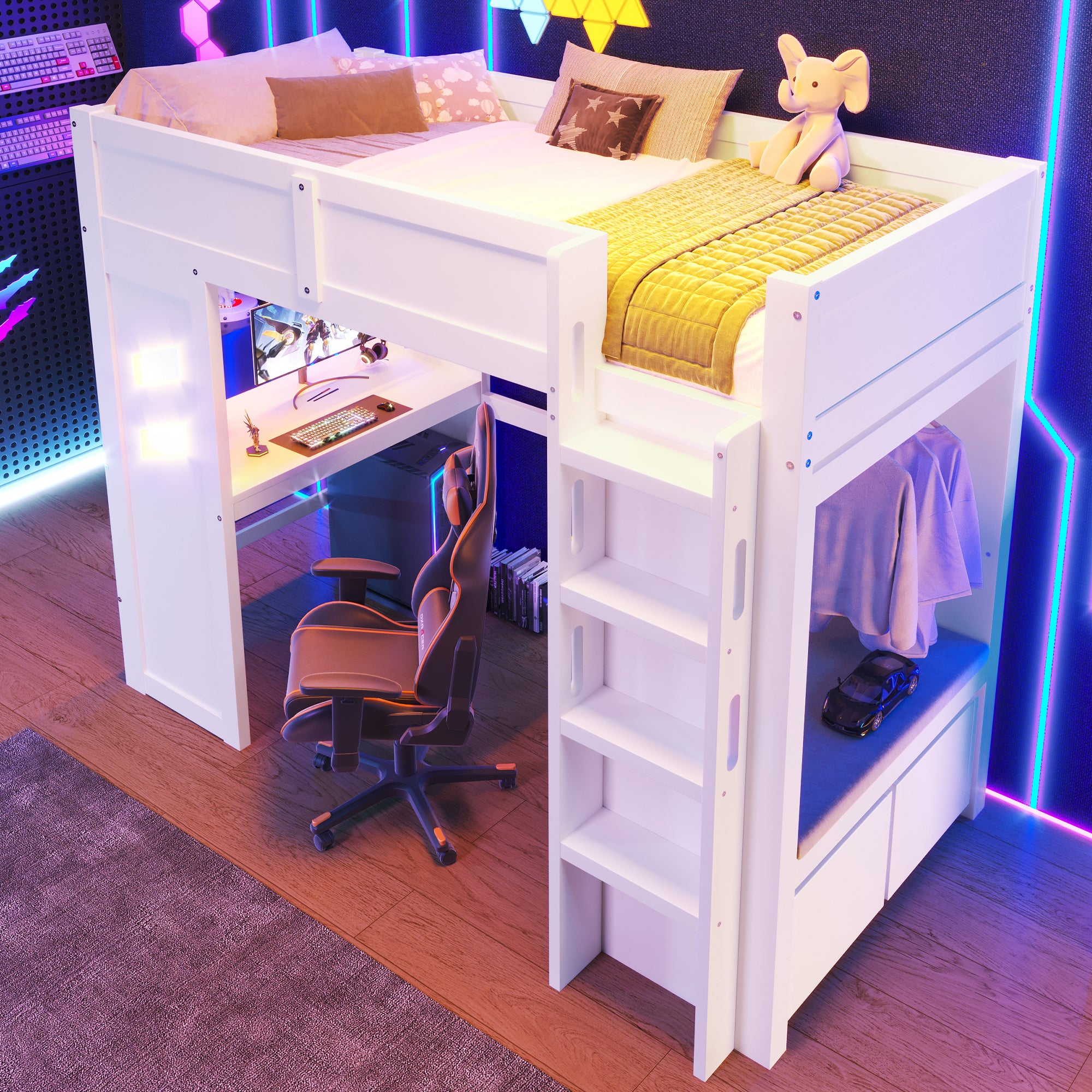 Loft Bed 90x200cm Gaming Desk LED Lights USB/Type-C, White