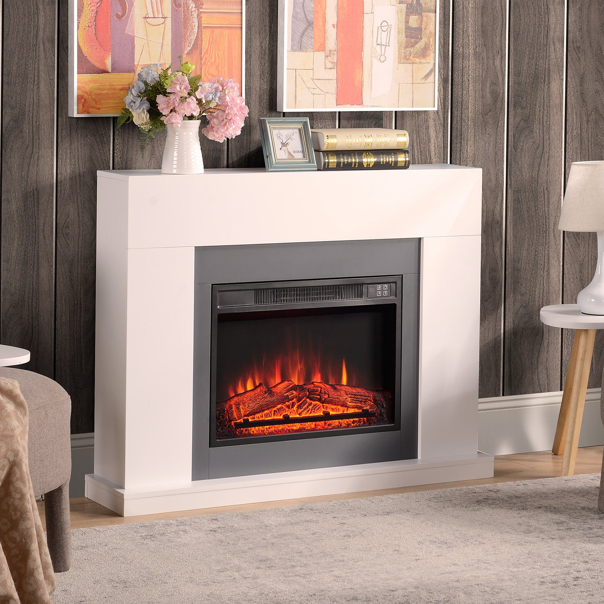 LED Electric Fireplace, Freestanding with Flame Effect & 1800/2000W Heater, MDF White