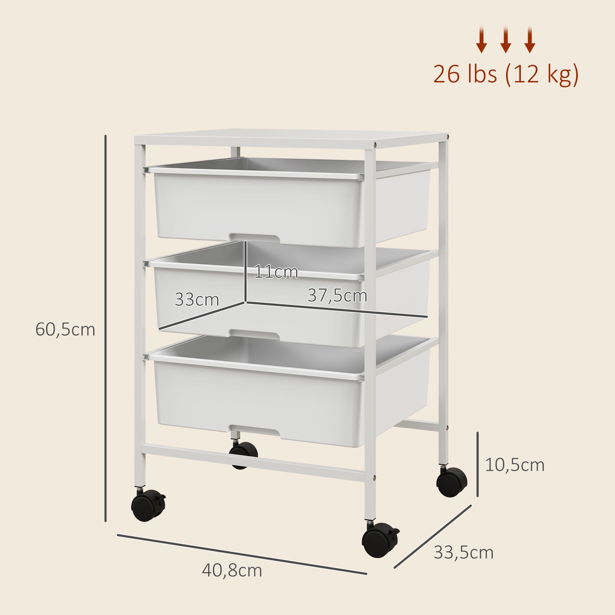 Rolling Cart, 3 Tiers, Handles, Storage, White