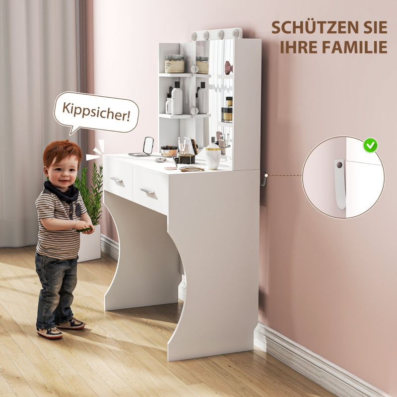 Dressing table with mirror, dimmable LED lights, drawers, shelves, white