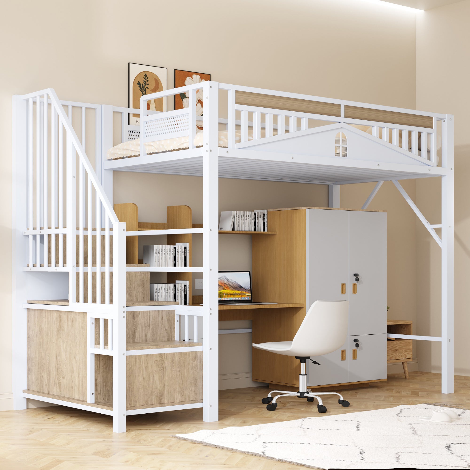 Metal Loft Bed, 90x200cm with Safety Enclosure, Ladder & Locker, White