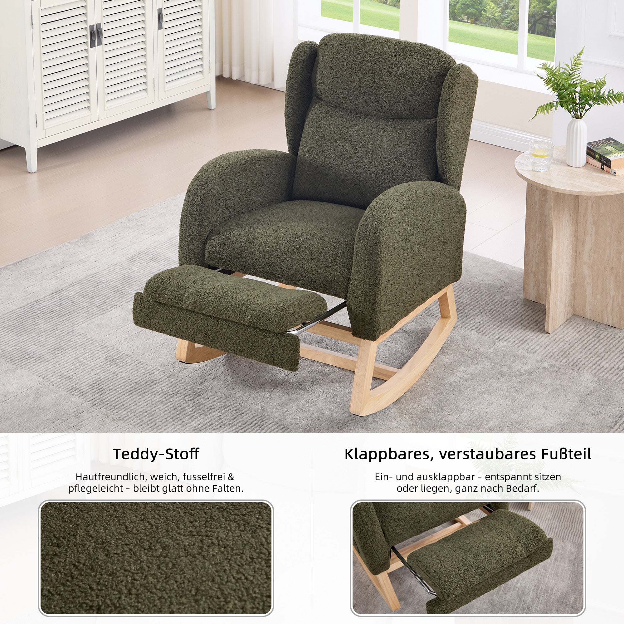 049B Rocking Chair, Nursing Lounge Chair with Adjustable Footrest, High Back, Teddy Fabric, Green