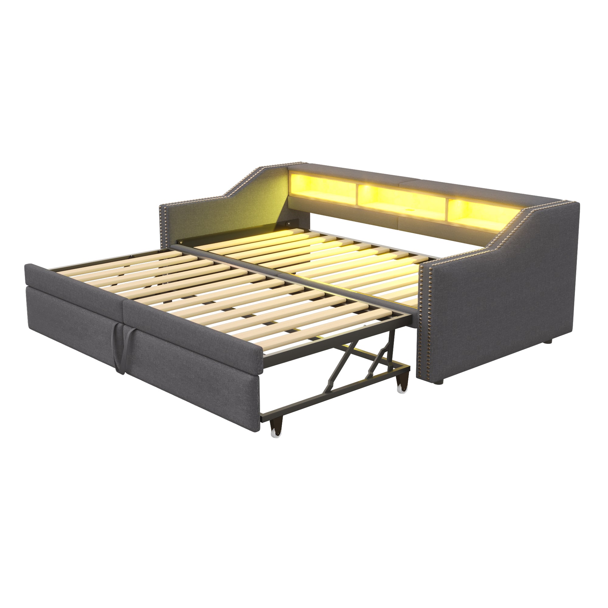 Upholstered Bed, Pull-Out Sofa Bed with Storage, LED Light, USB Port, Slatted Frame, Dark Grey