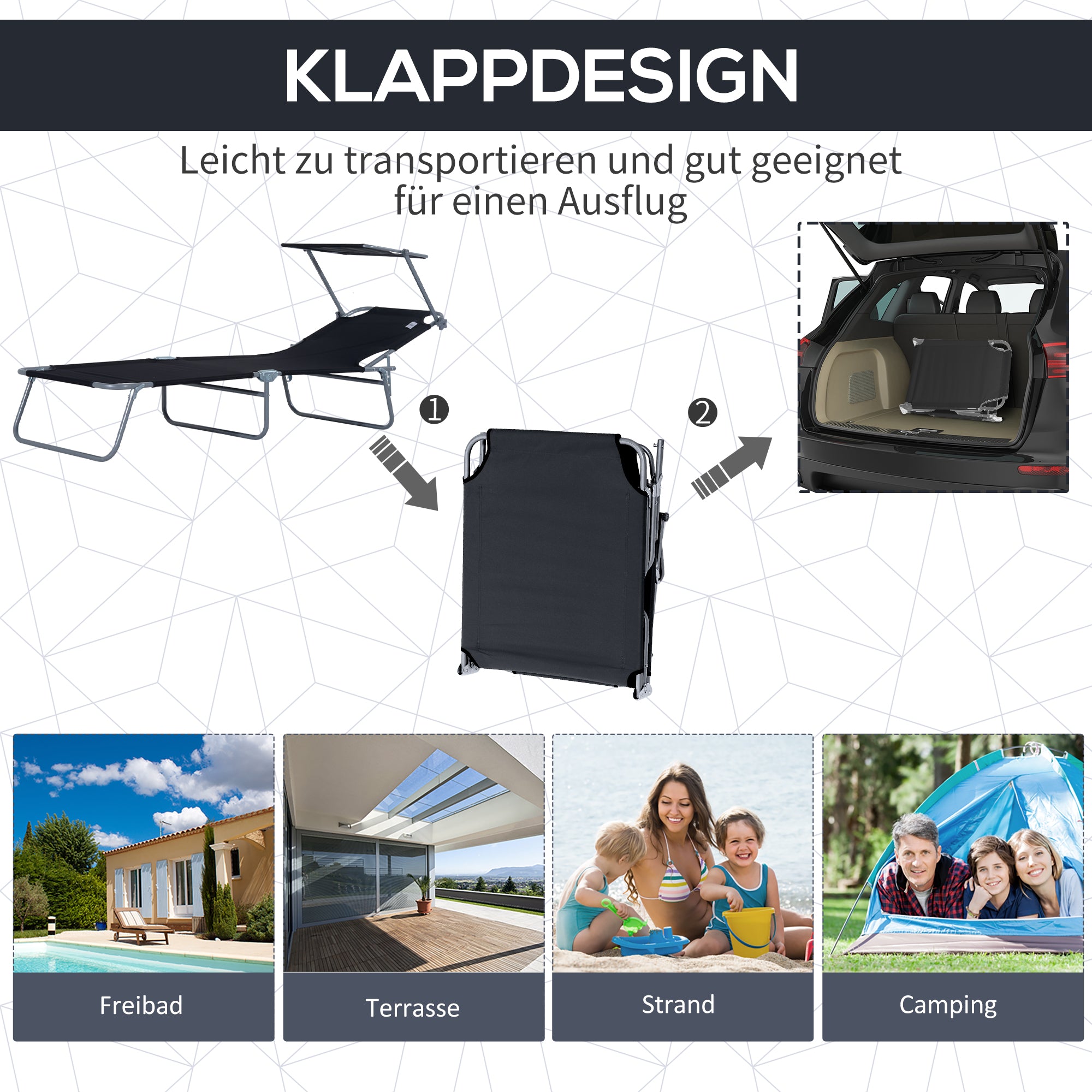 Folding Sun Lounger with Sunshade, 187x58x36 cm, Black