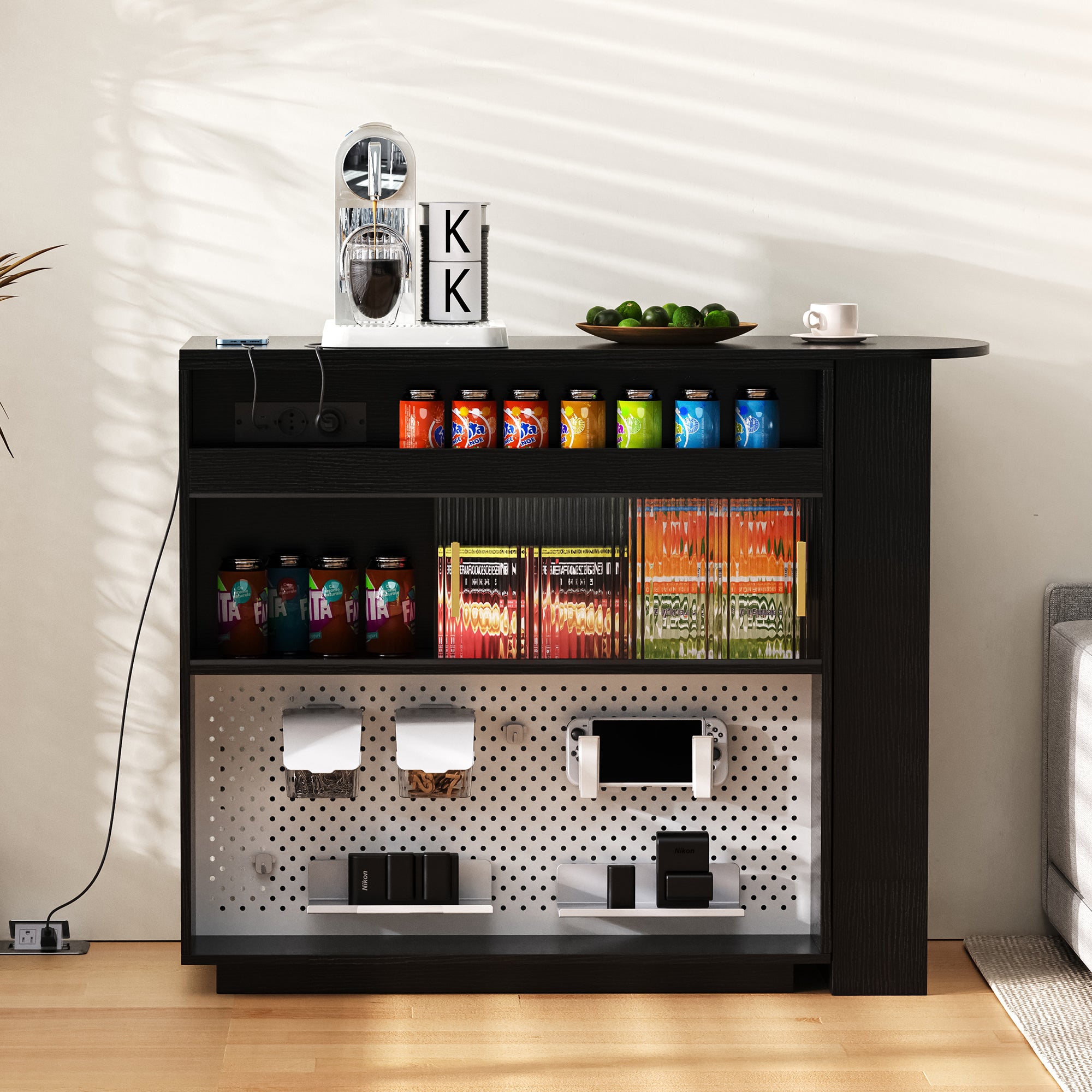 Bar Table Sideboard Extendable 360° Rotating with LED Lighting Sockets Black