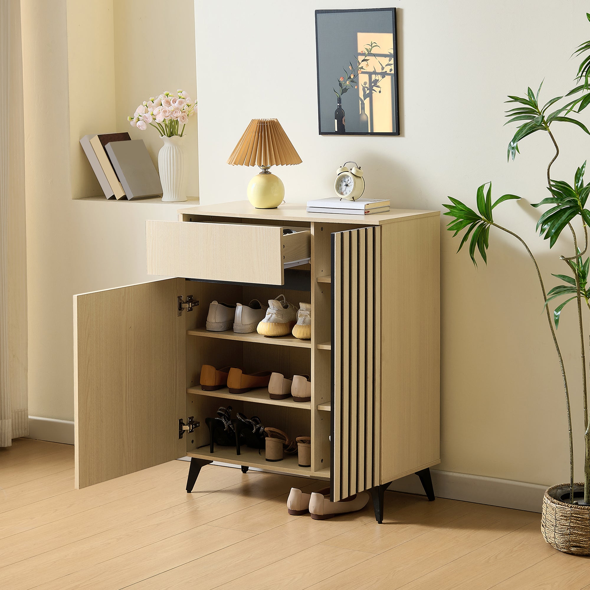 Sideboard/Shoe Cabinet with 2 Doors, 1 Drawer, Adjustable Shelves, Light Wood MDF