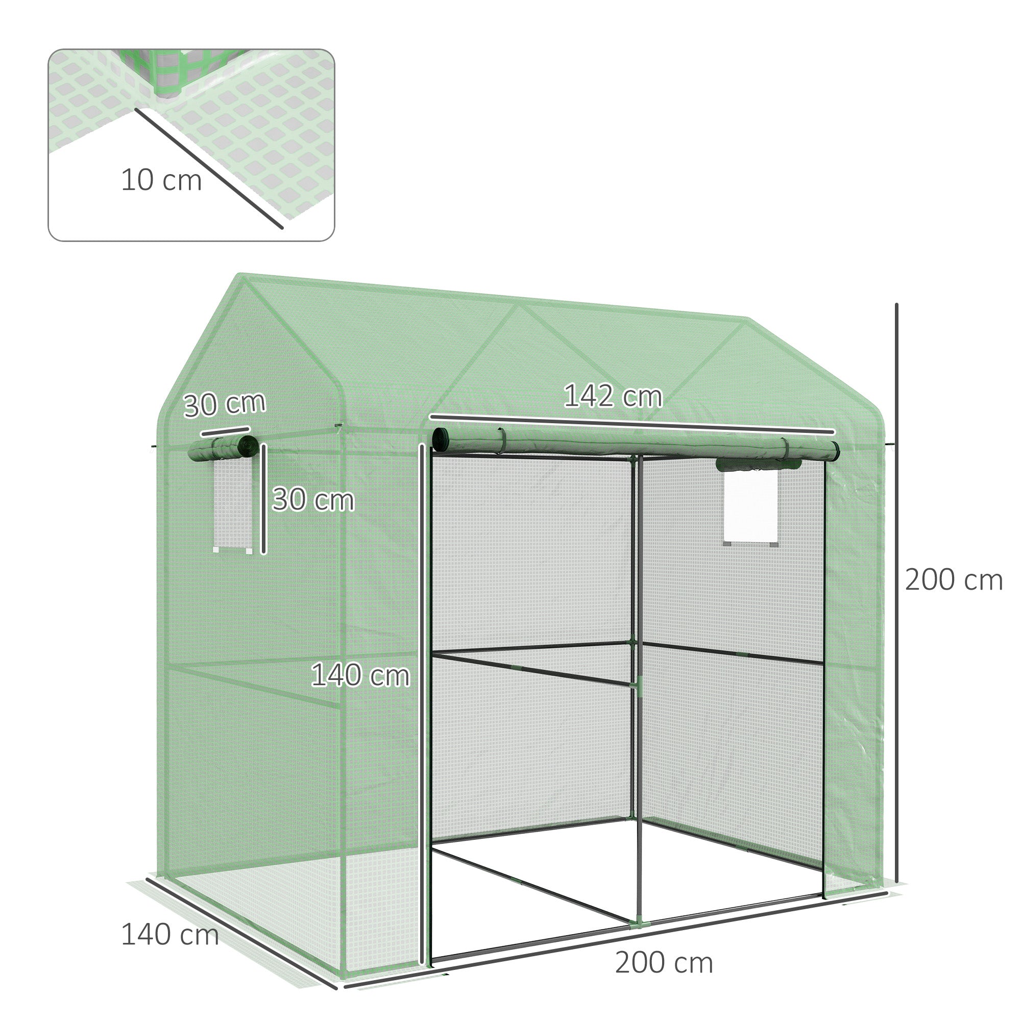 Greenhouse Walk-in Garden Grow House Roll-up Door Mesh Windows 200x140x200cm Green
