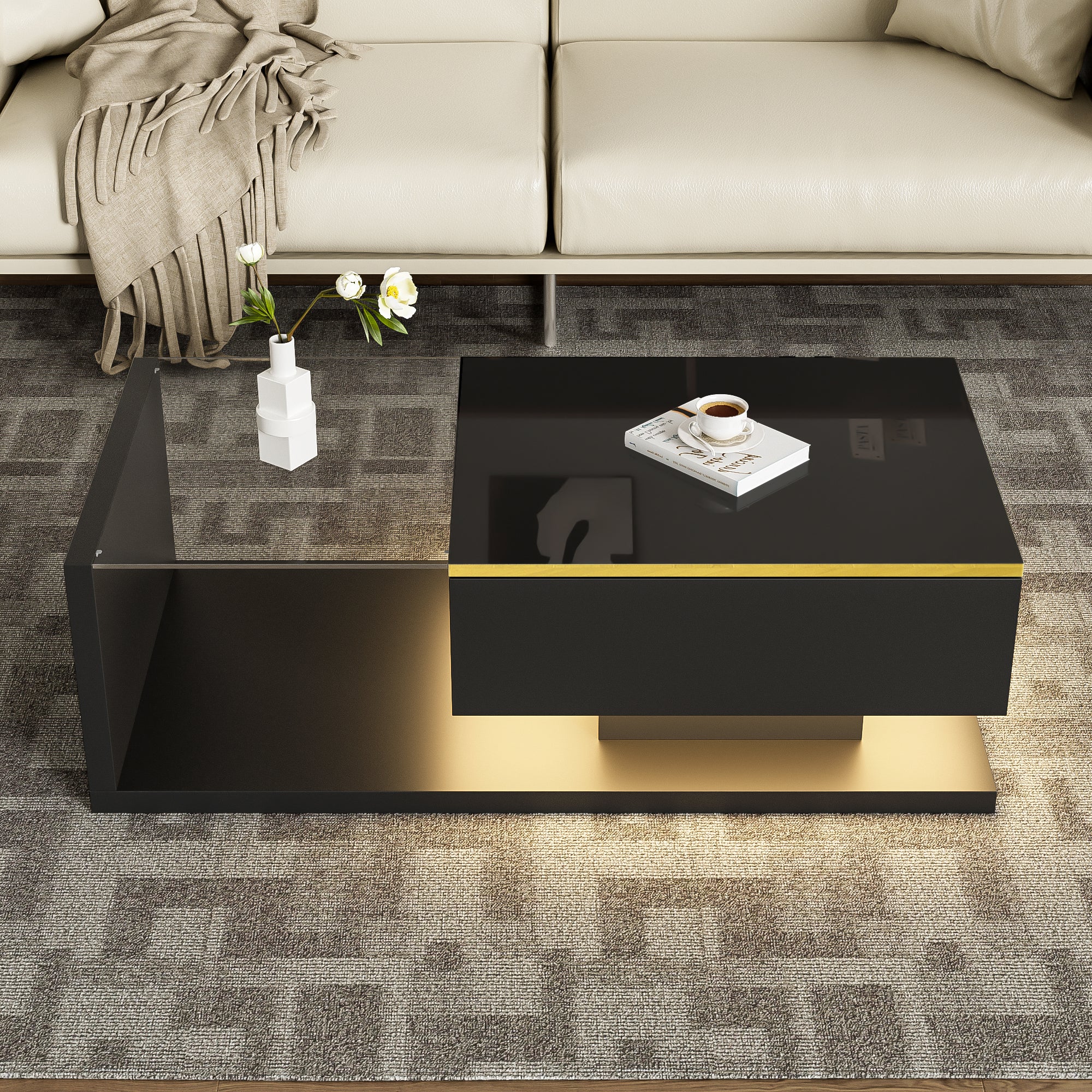 Coffee Table 100cm Long Glass LED Effect High-Gloss Black