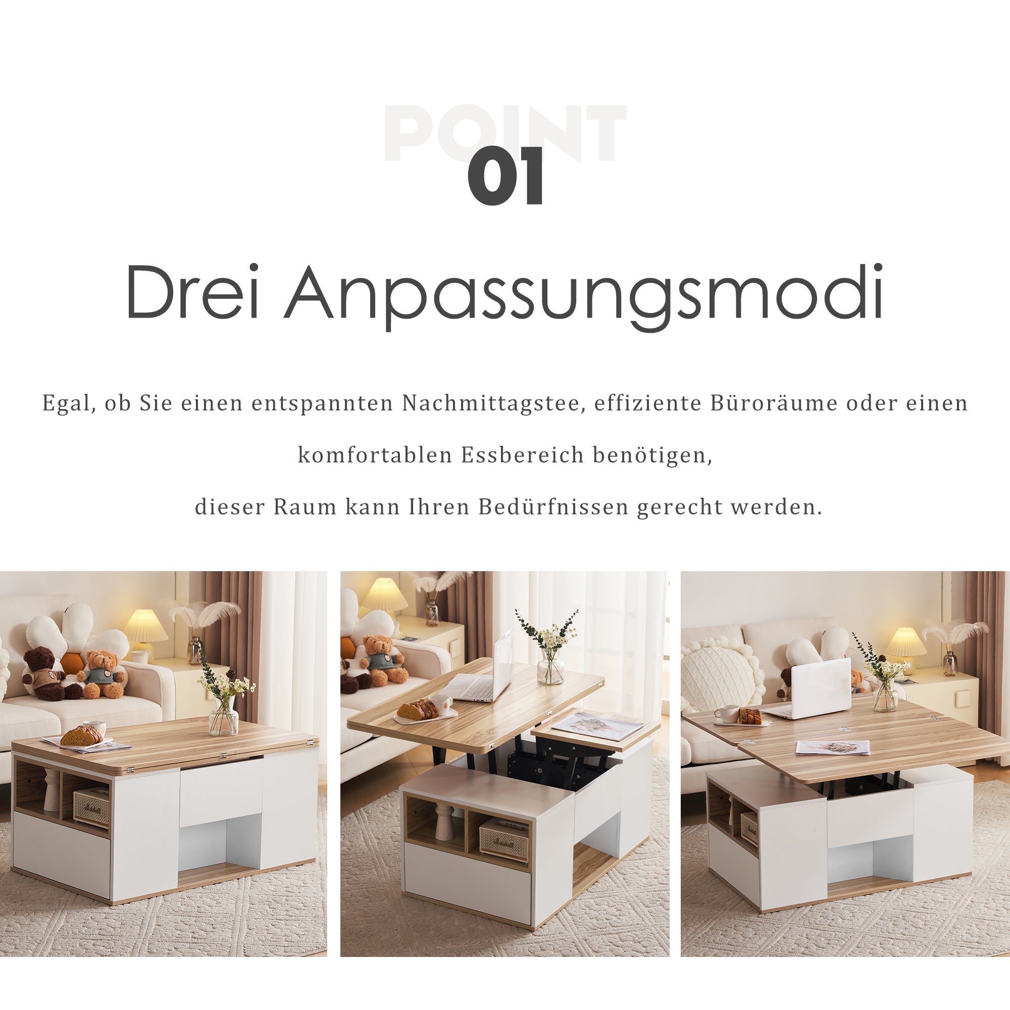 Liftable Coffee Table Opens to 2 Tables Storage - White/Wood