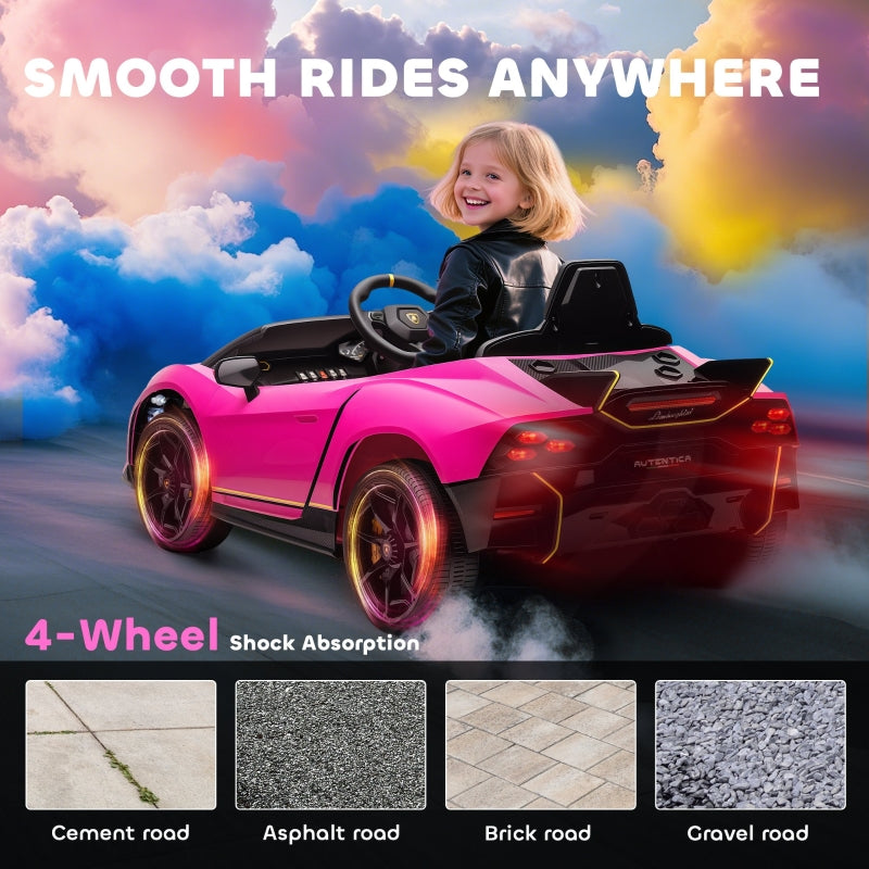 12V Lamborghini Autentica Kids Electric Car with Remote Control, 4 Suspension Wheels, Soft Start, Pink