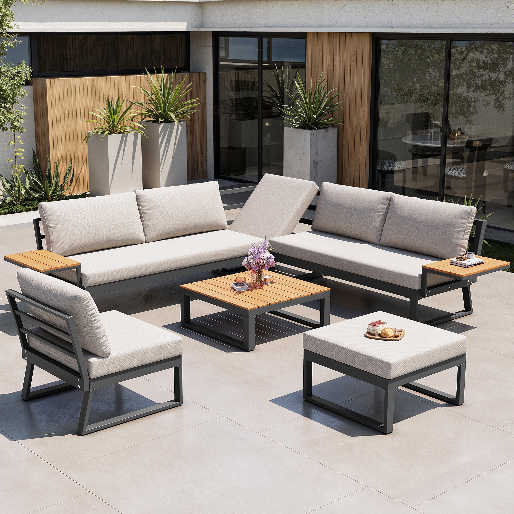 L-shaped Garden Sofa Set 7-Seater Lounger with Table Armchair Stool - Grey/Beige