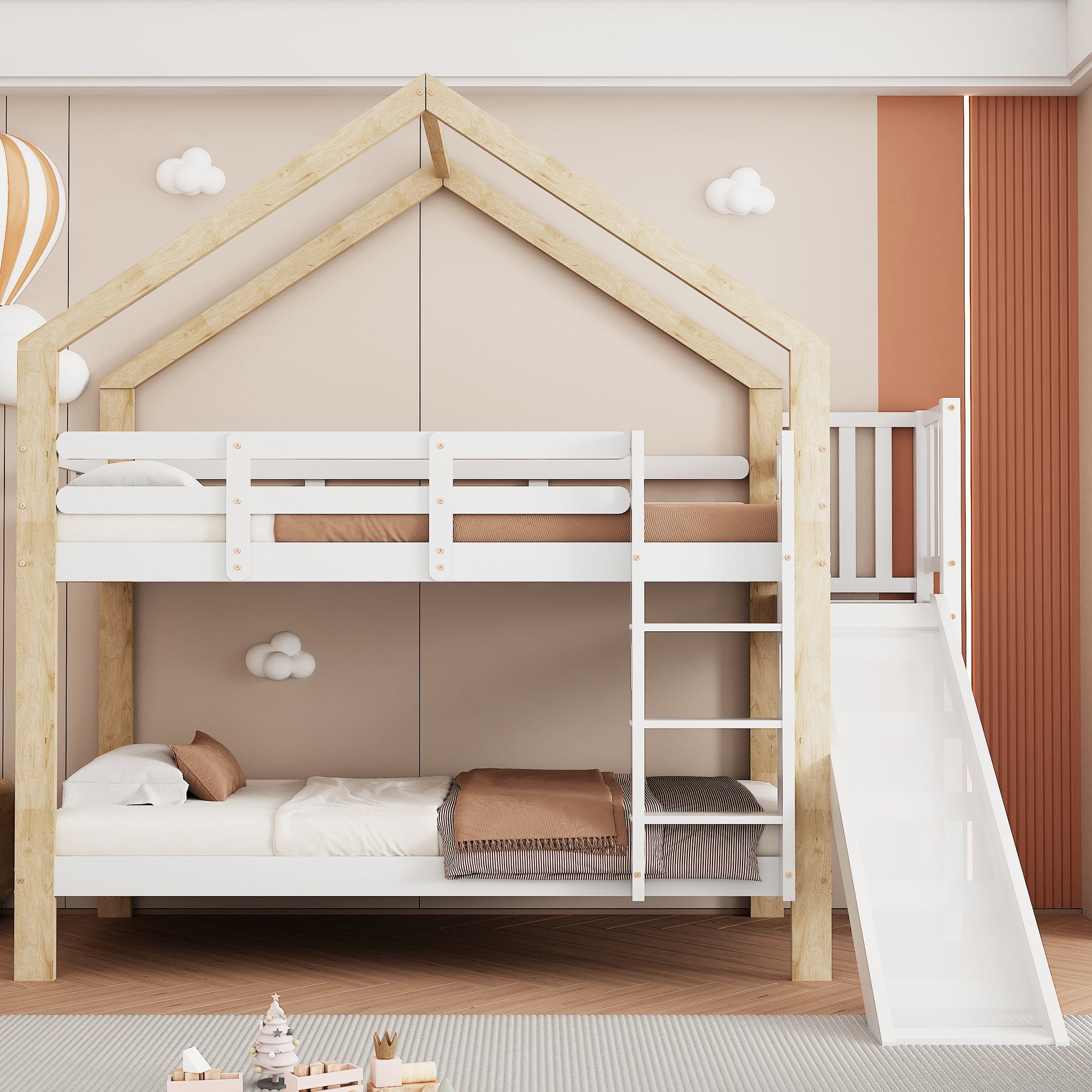 Bunk bed with slide, three-step angled ladder, safety guard, solid wood, white and natural, 90x200cm
