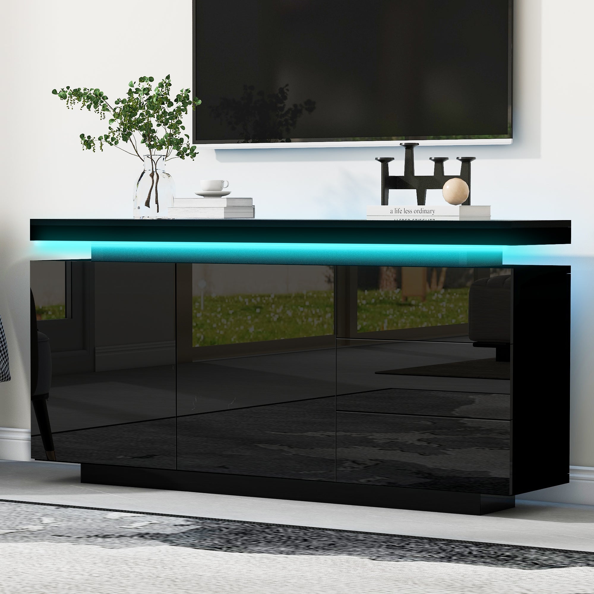 Modern Sideboard Cabinet High-Gloss LED Handleless 2 Doors 3 Drawers 140cm - Black