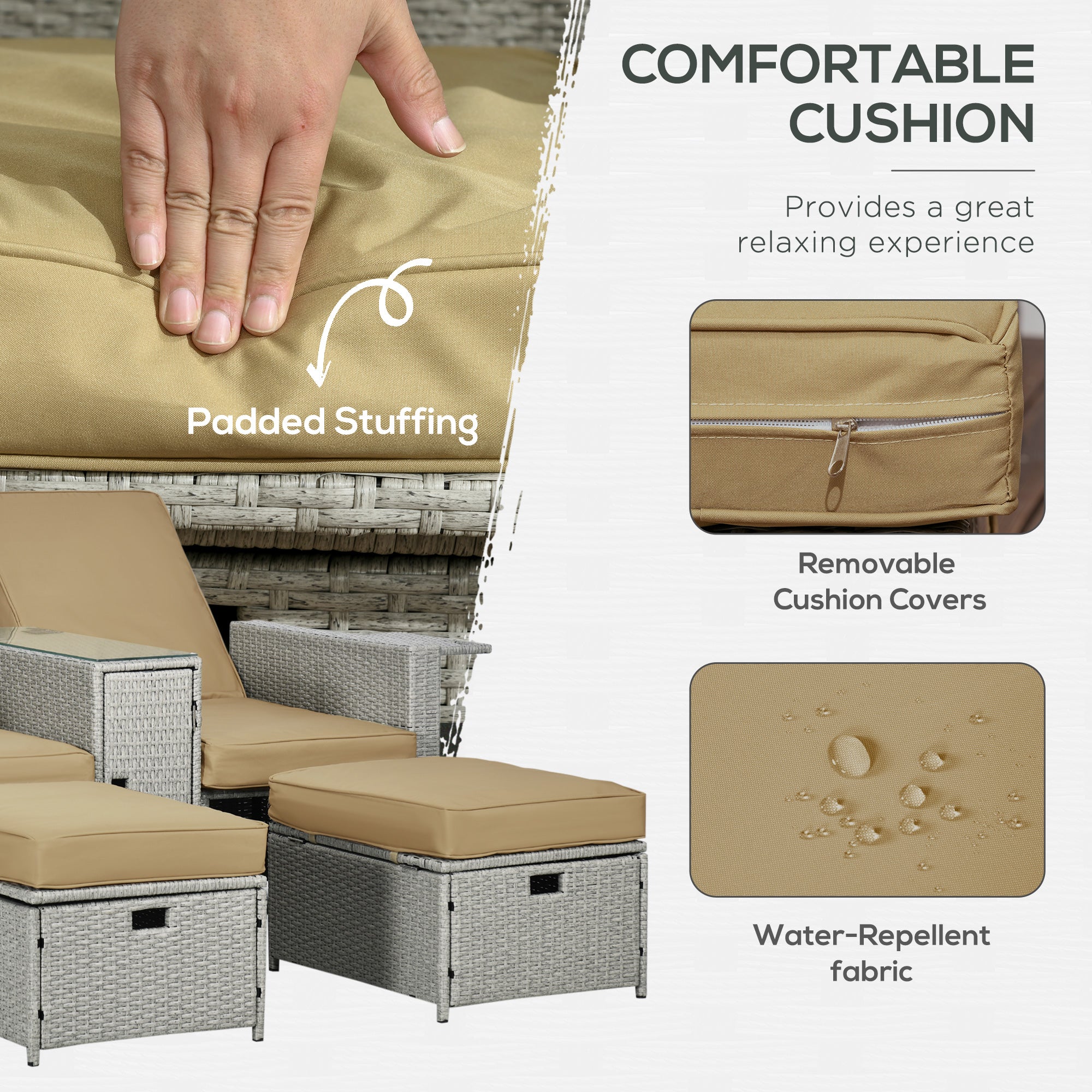 5PC Sun Lounger Set, 5-Level Adjustable Recliner with Storage Side Table & Footstools, PE Rattan Wicker, Beige