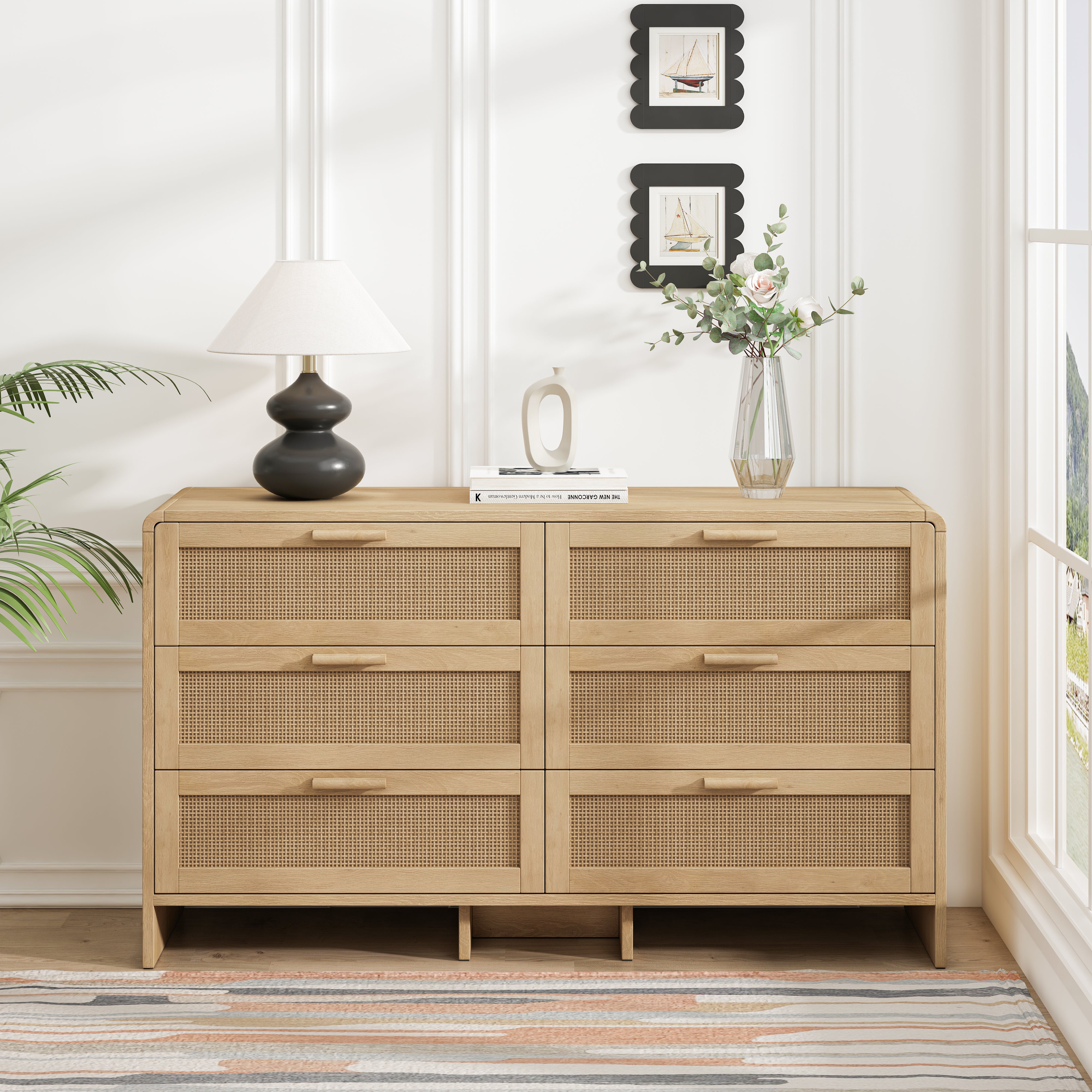 Arc Shaped Corner Cabinet, 6-Drawers Rattan Storage, Natural