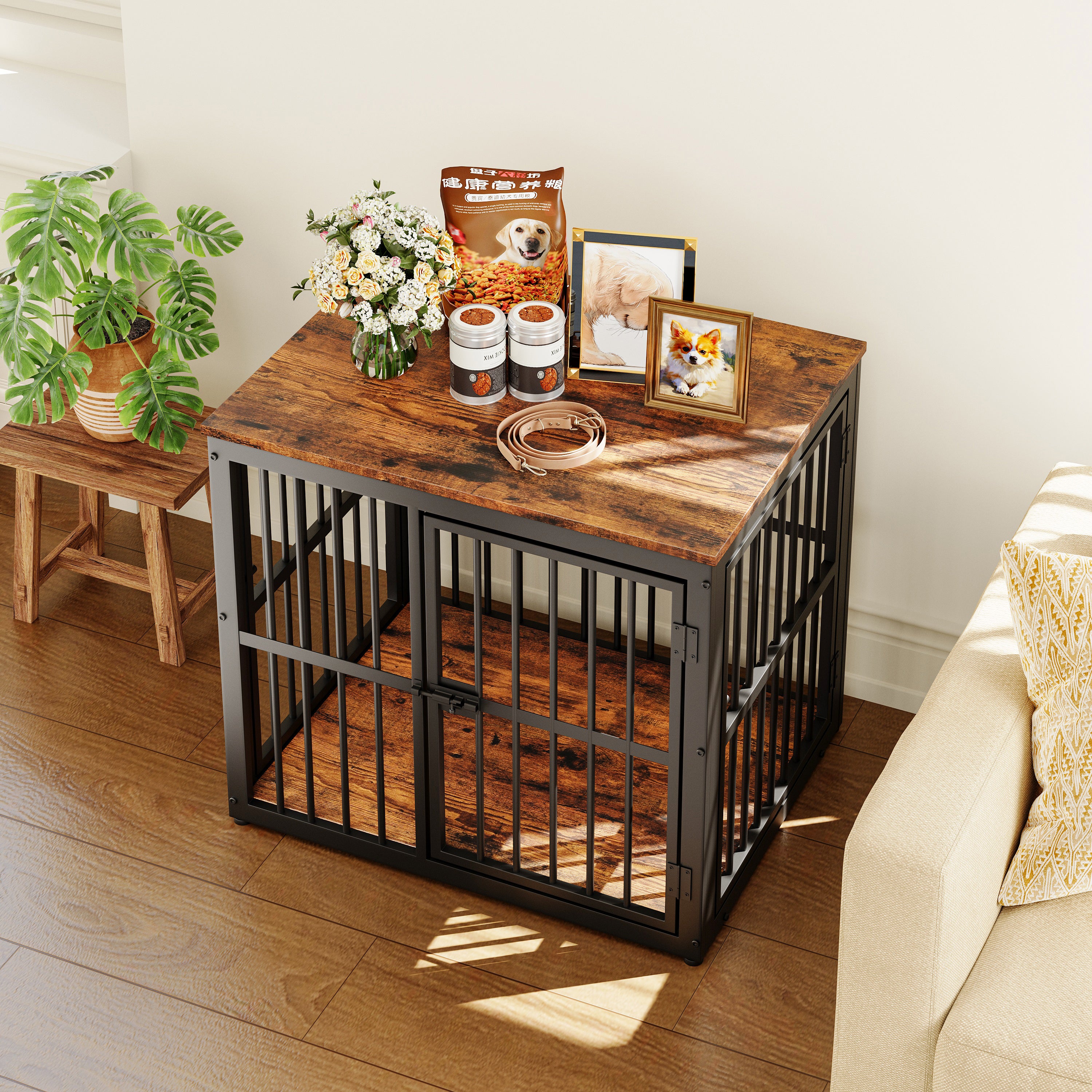 Modular Dog Crate Furniture 3 Doors Waterproof Top 2-in-1 Side Table Stackable - Retro Brown