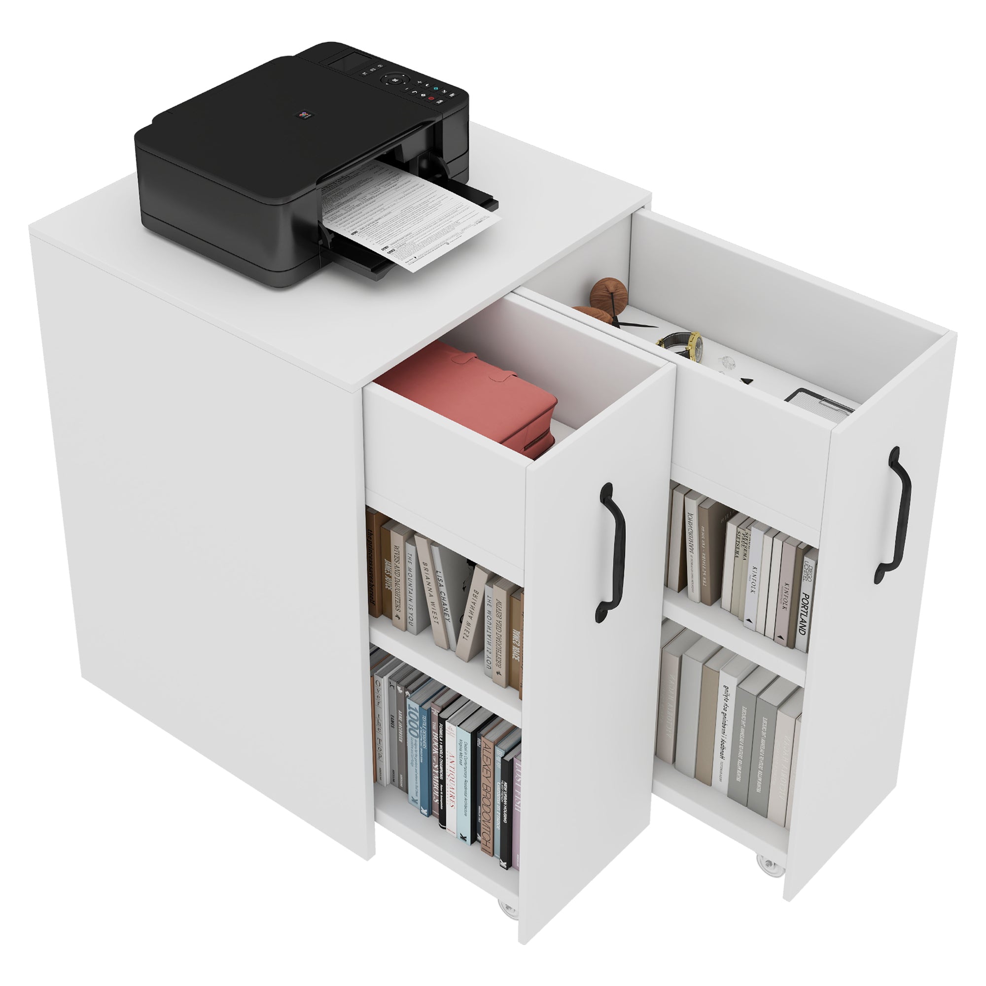 Small Bookcase with Wheels, Shelves, Drawers, and Reversible Configuration