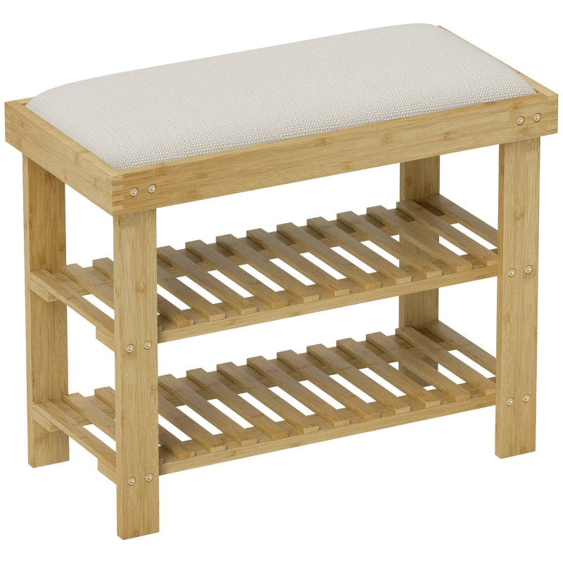Bamboo Shoe Storage Bench, 3-Tier with Seat Cushion, Cream White