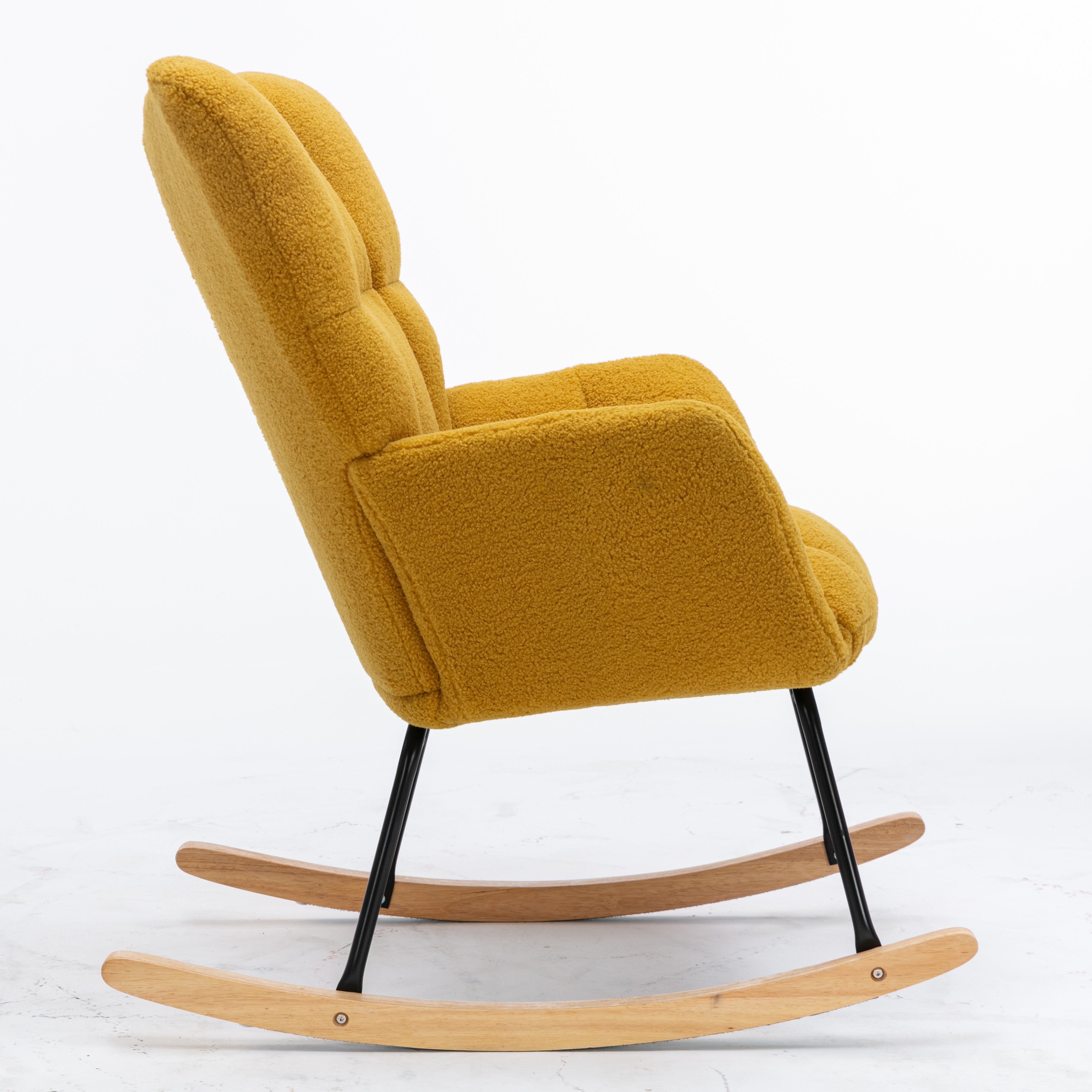 Mid Century Modern Rocking Chair with Tufted Cover, Padded Seat, Teddy Fabric, Yellow